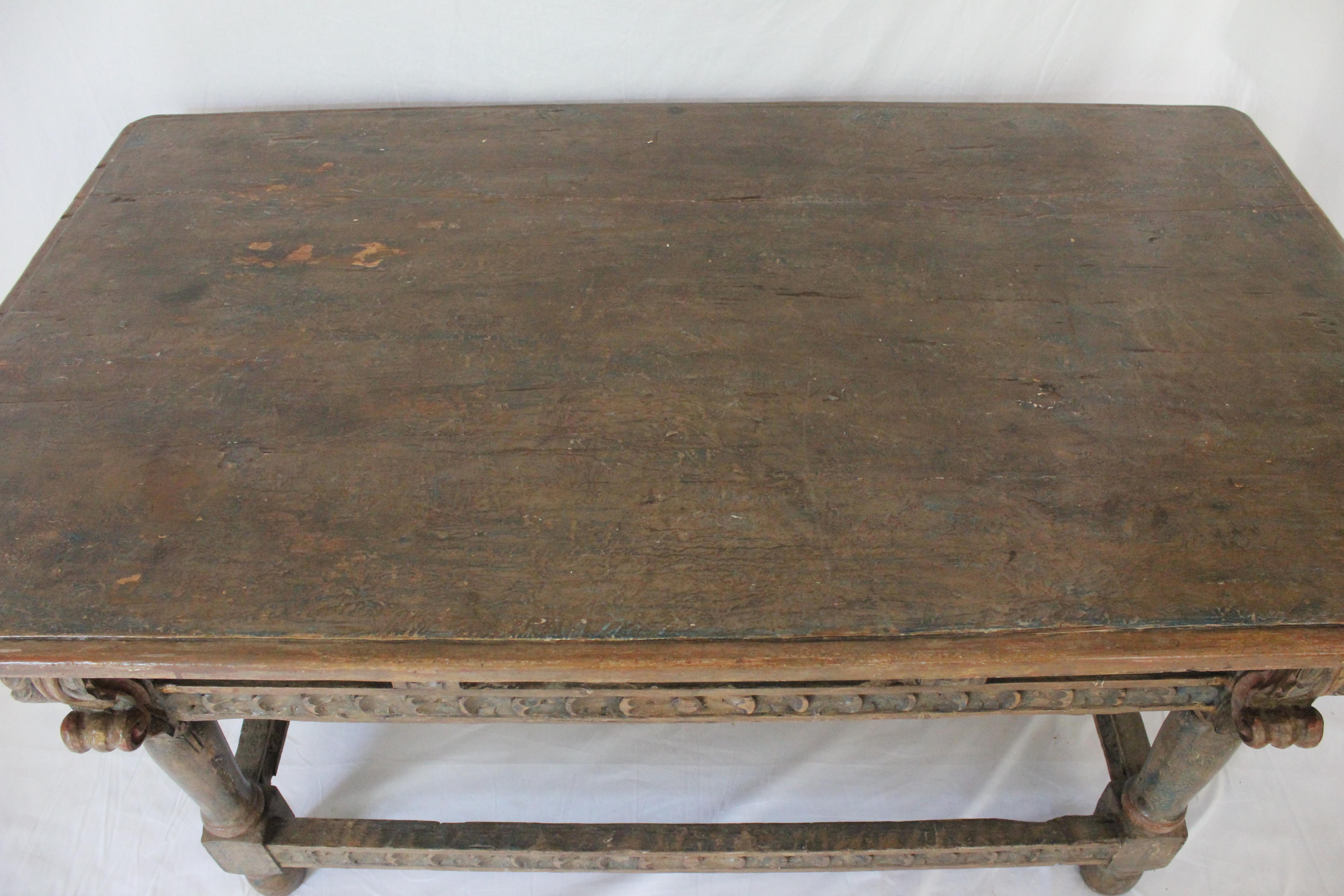 Hand-Carved Polychrome Carved Spanish Baroque / Colonial Oak Refectory Table Circa 1750 For Sale