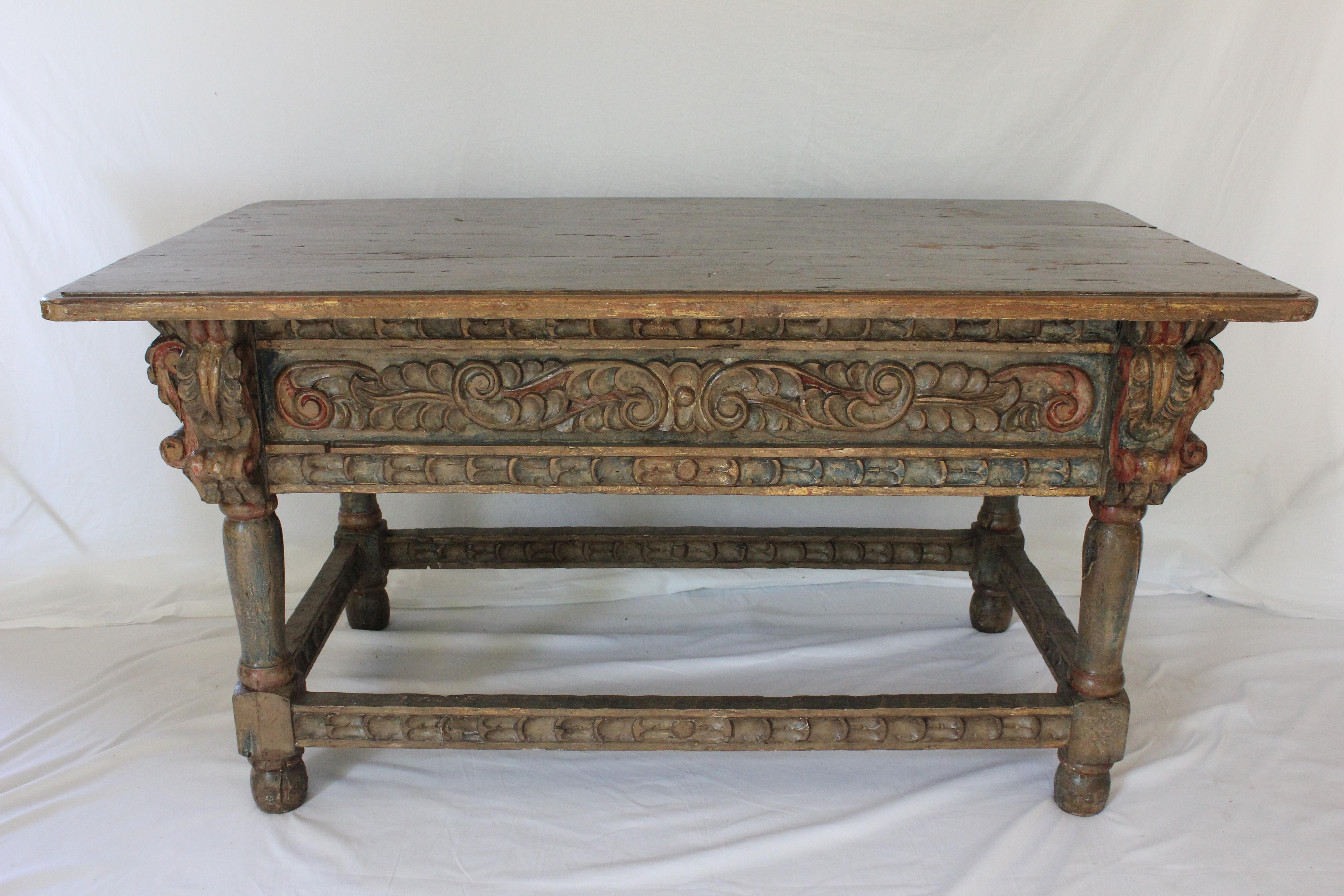 Polychrome Carved Spanish Baroque / Colonial Oak Refectory Table Circa 1750 For Sale 2