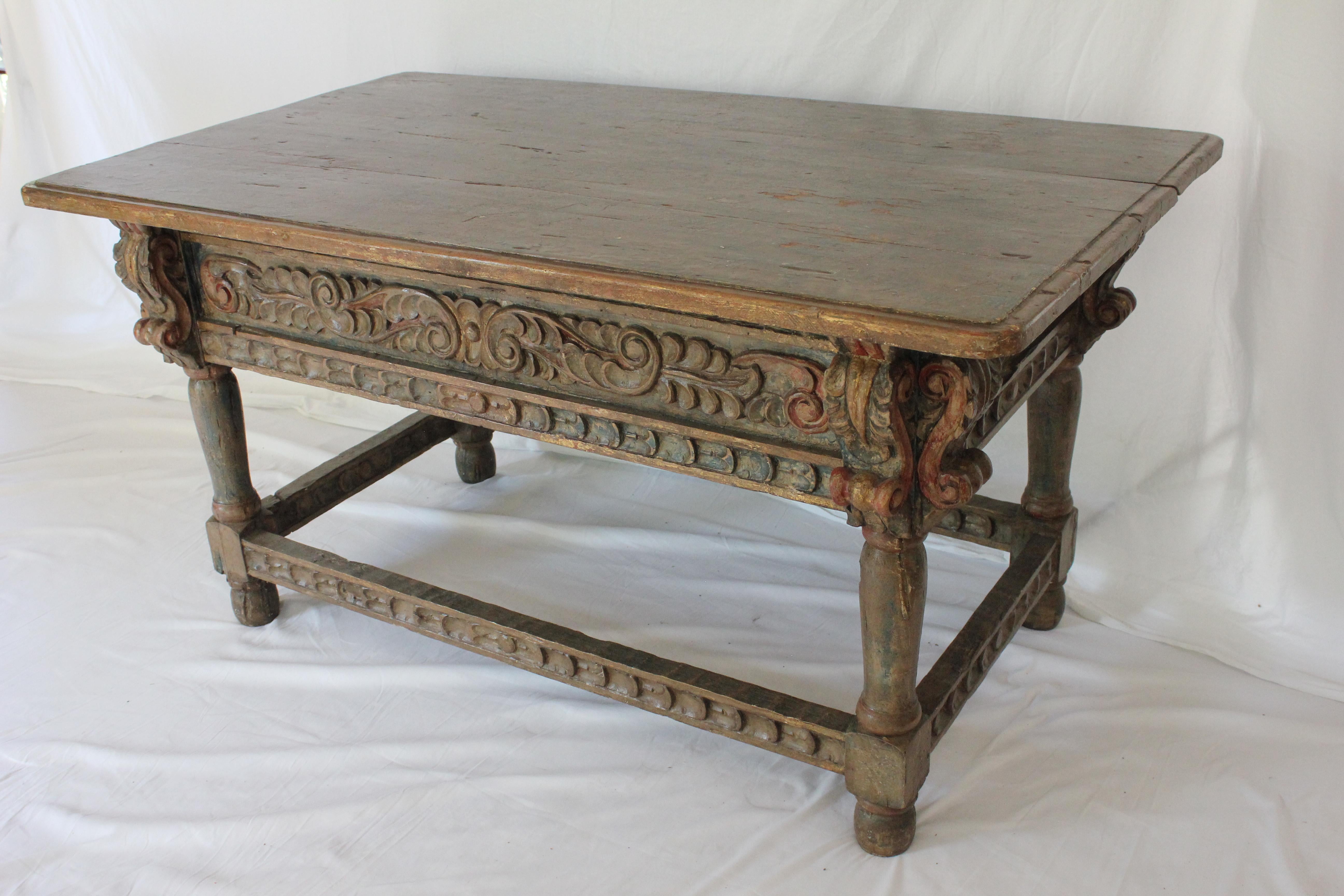 Polychrome Carved Spanish Baroque / Colonial Oak Refectory Table Circa 1750 For Sale 3