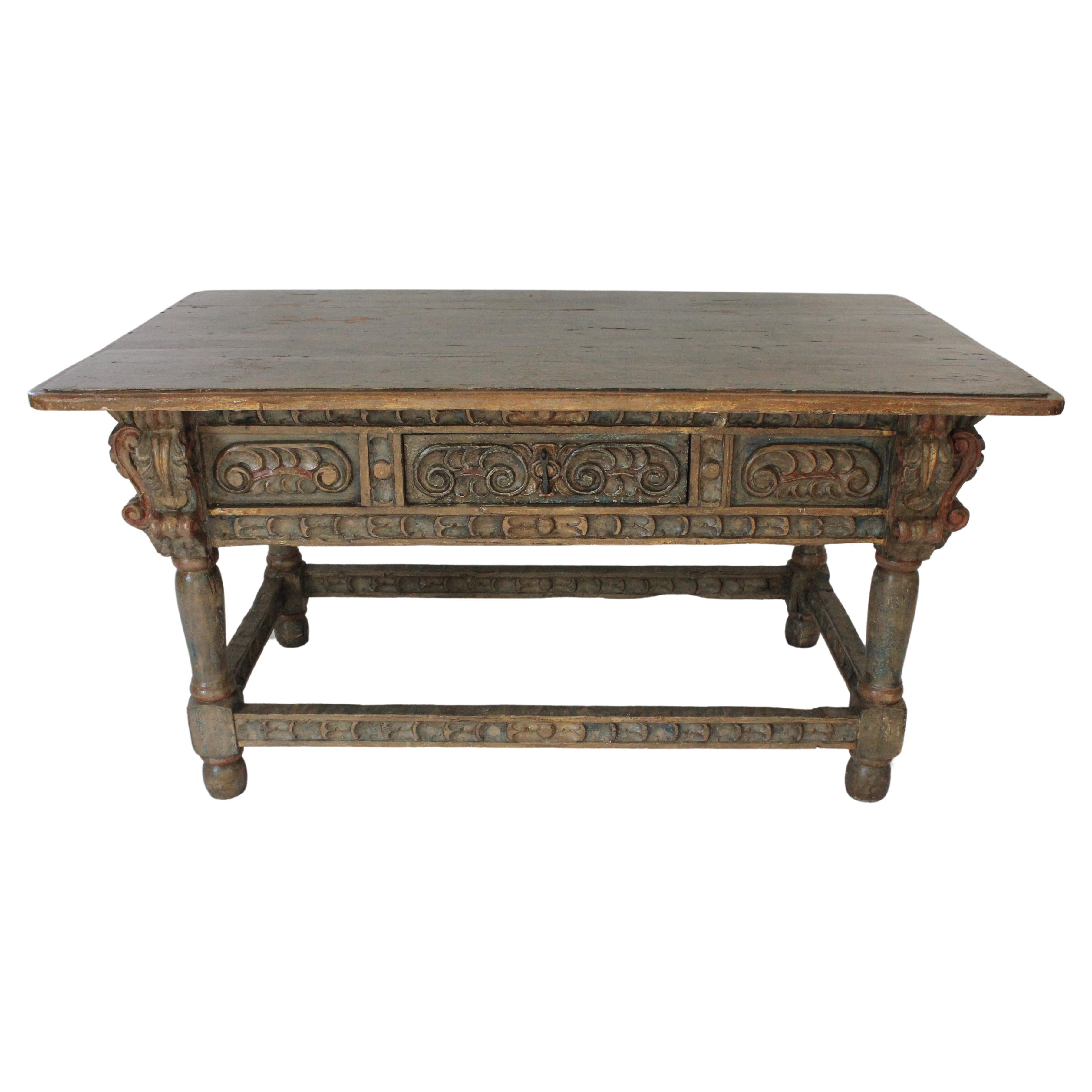 Polychrome Carved Spanish Baroque / Colonial Oak Refectory Table Circa 1750 For Sale