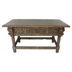 Polychrome Carved Spanish Baroque / Colonial Oak Refectory Table Circa 1750