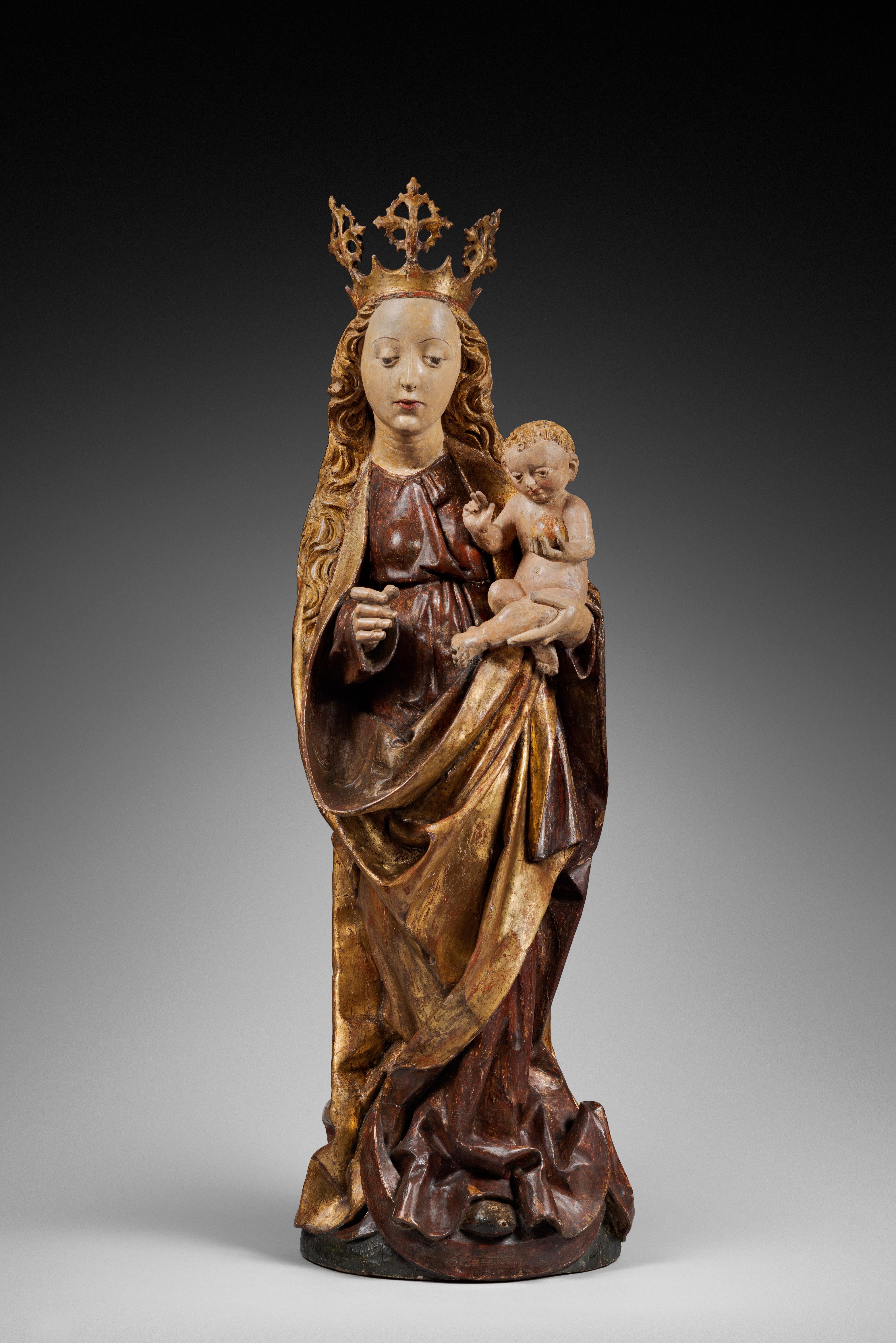POLYCHROME CARVED WOOD VIRGIN AND CHILD FROM THE 15TH CENTURY
 
ORIGIN: SOUTH GERMANY, SWABIA, NUREMBERG REGION
PERIOD: 15th CENTURY
 
Height: 94,6cm
Width : 28 cm
Depth : 18 cm
 
Lime wood
Original Polychromy
Good state of conservation
 
 
From