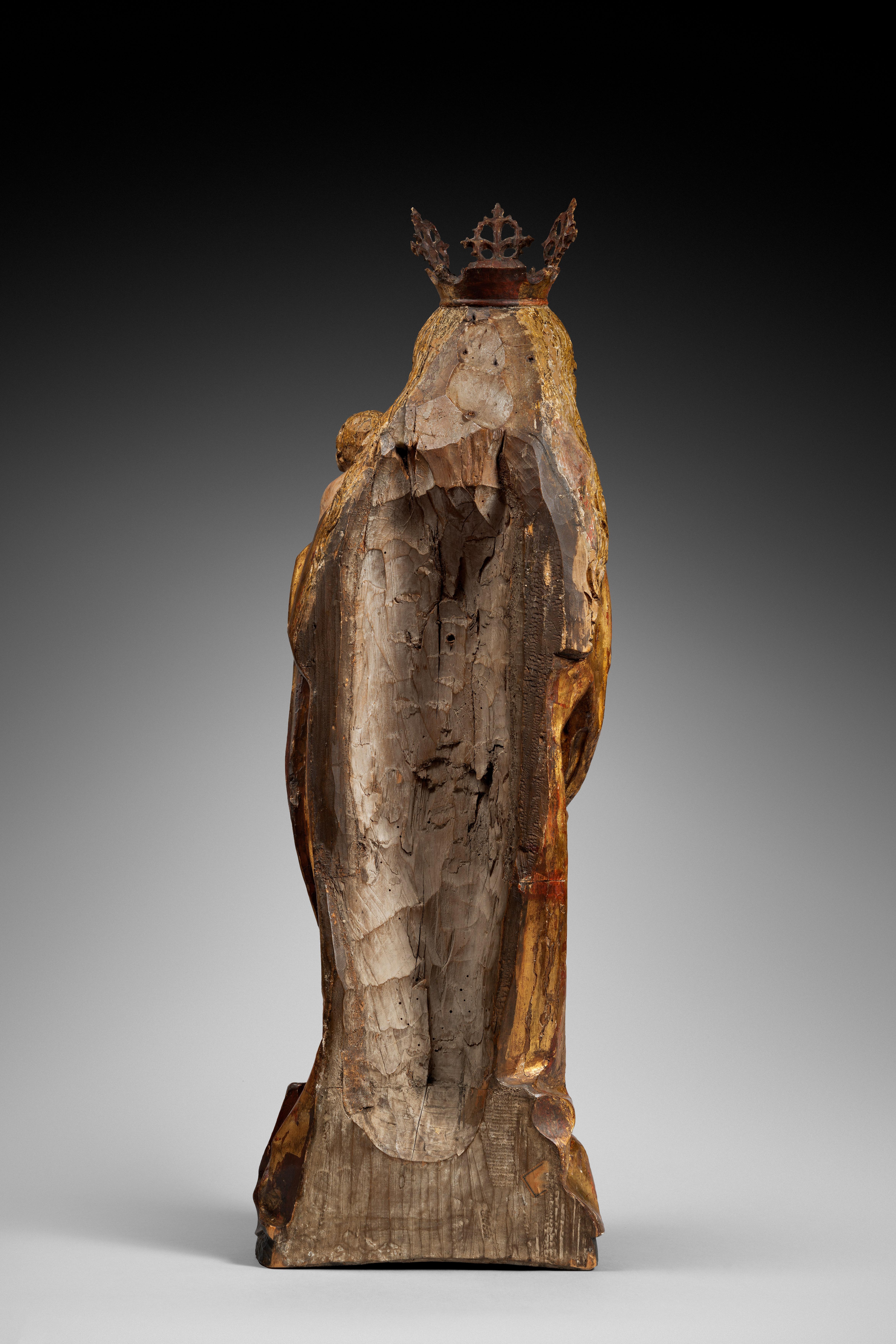 Polychrom geschnitzte Jungfrau und Kind aus Holz aus dem 15. Jahrhundert (Deutsch) im Angebot