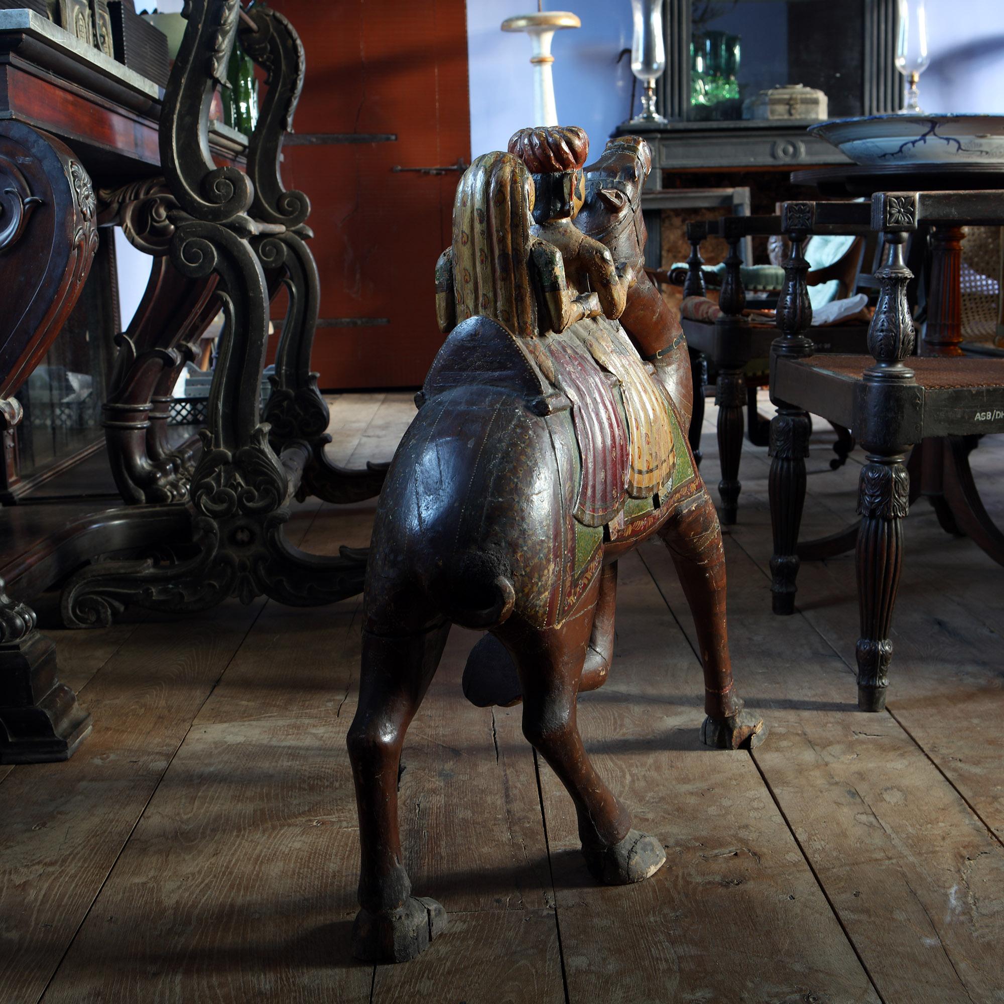 Polychrome Carved Wooden Rajasthani Palace Camel and Riders For Sale 1