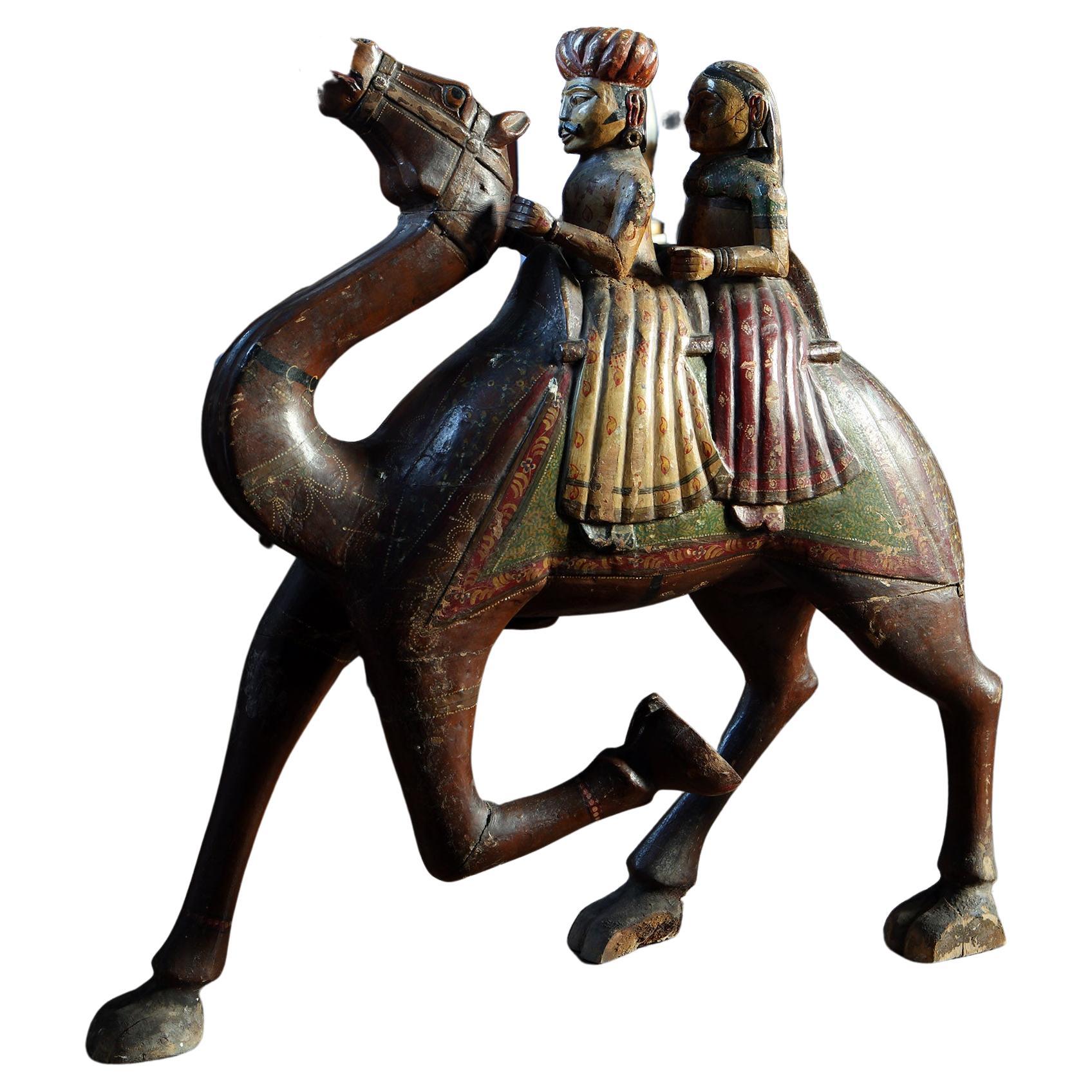 Polychrome Carved Wooden Rajasthani Palace Camel and Riders For Sale