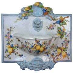 Vintage Polychrome Ceramic Italian Wall Fountain Figural Florentine Tuscan Pottery