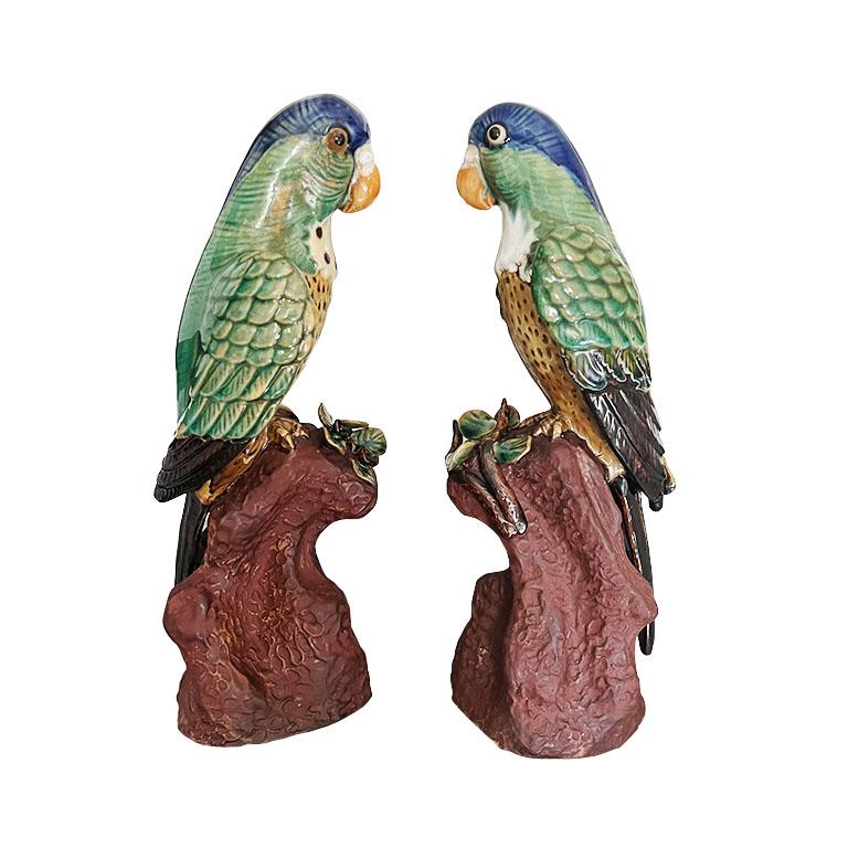 Chinoiserie Polychrome Ceramic Majolica Parrot Figurines in Green and Blue, a Pair
