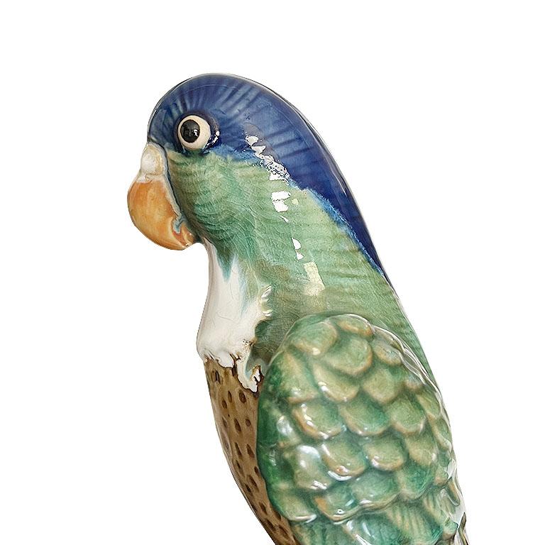 Polychrome Ceramic Majolica Parrot Figurines in Green and Blue, a Pair In Good Condition In Oklahoma City, OK