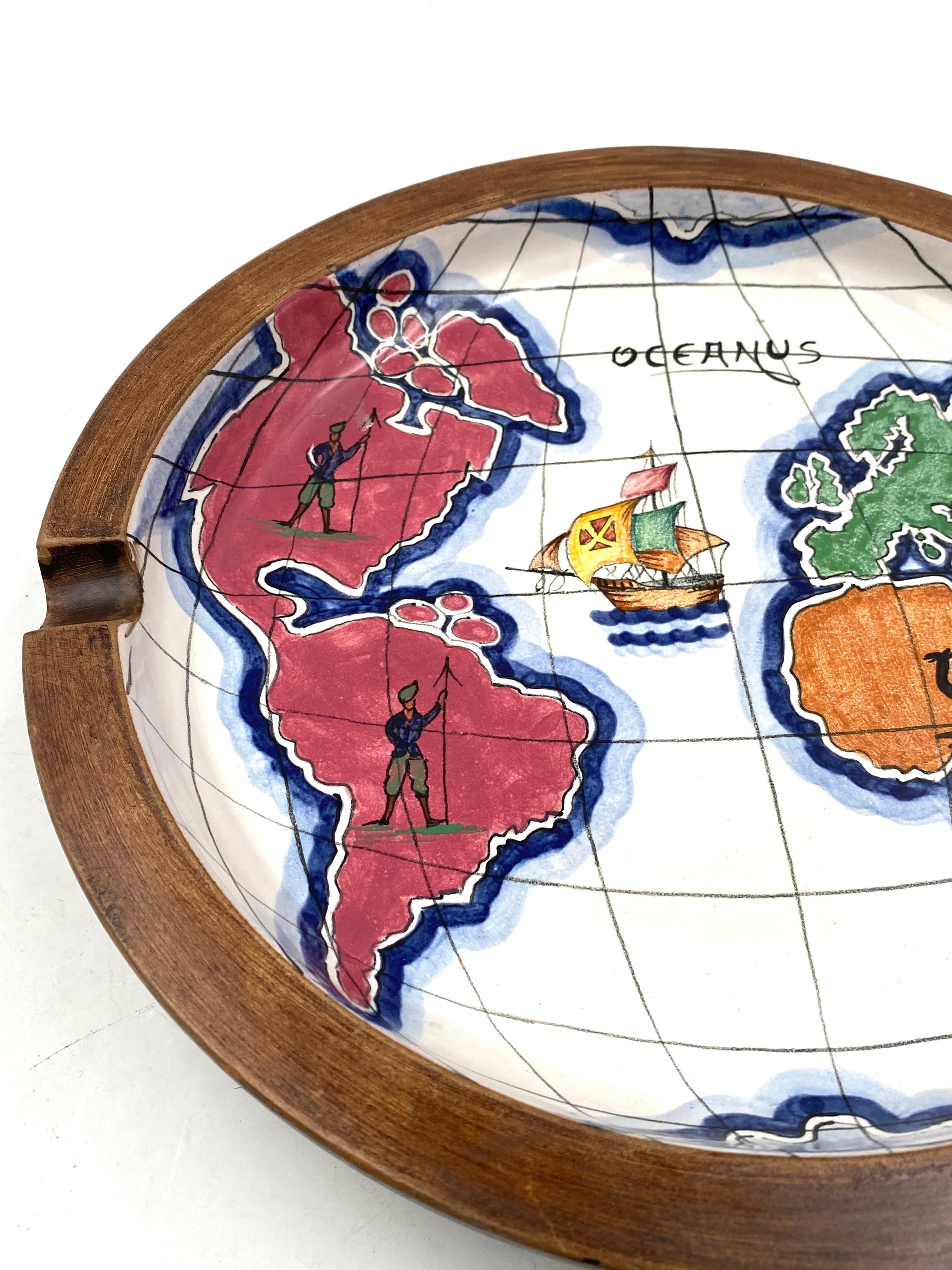Art Deco Polychrome Ceramic World Map Catchall / Ashtray, Zaccagnini, Italy, 1940s For Sale