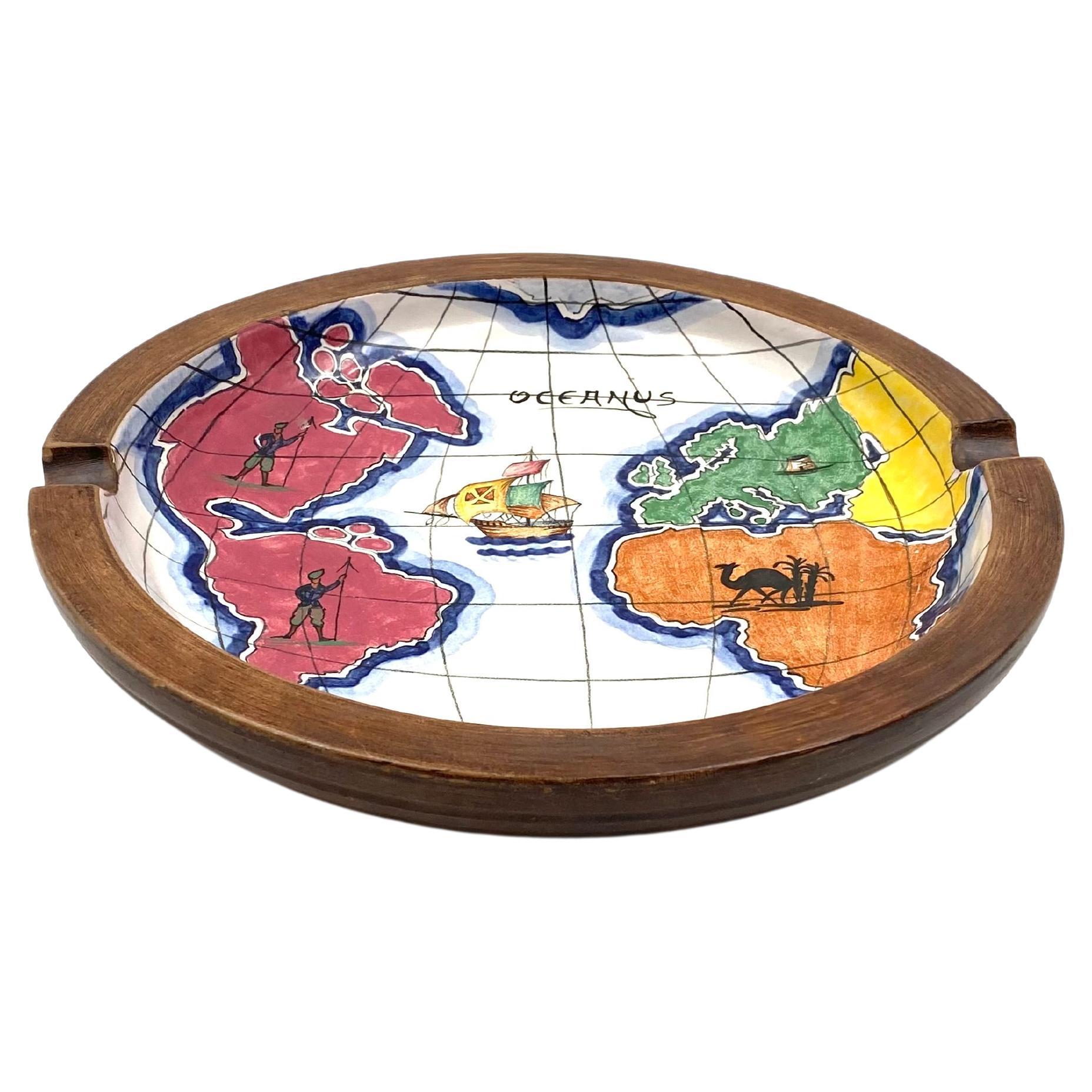 Polychrome Ceramic World Map Catchall / Ashtray, Zaccagnini, Italy, 1940s For Sale
