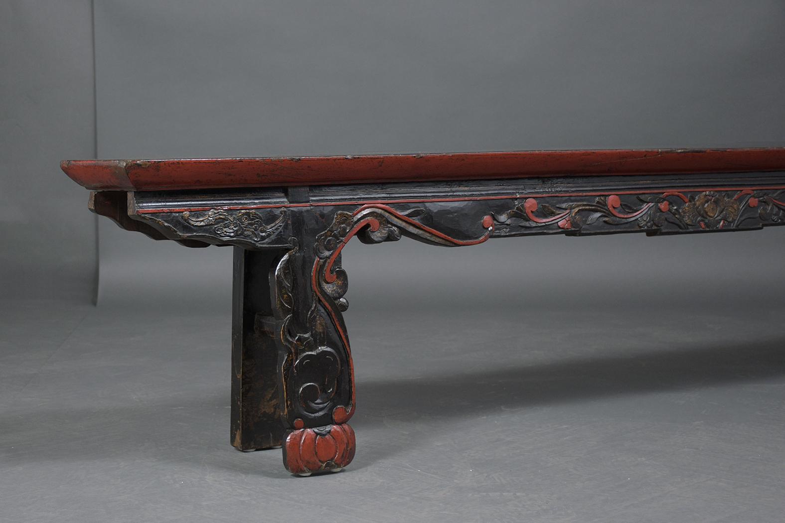 Vintage Chinese Ebonized-Red Carved Teak Wood Bench 3