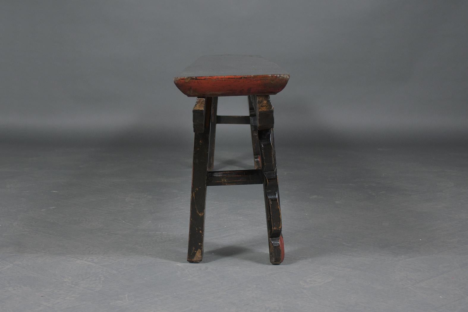 Vintage Chinese Ebonized-Red Carved Teak Wood Bench 4