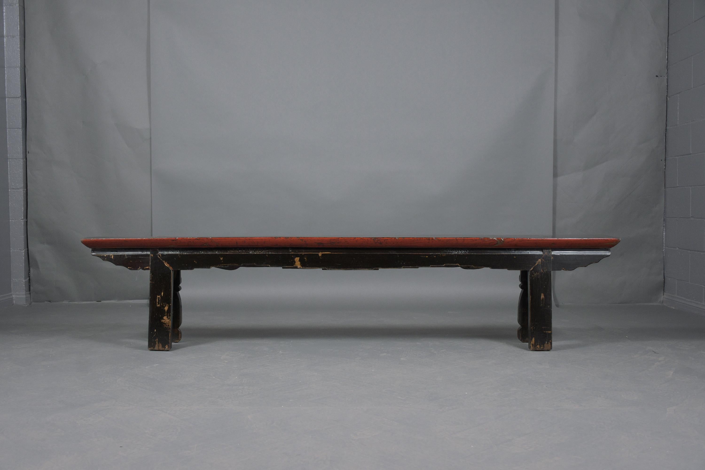 Vintage Chinese Ebonized-Red Carved Teak Wood Bench 5