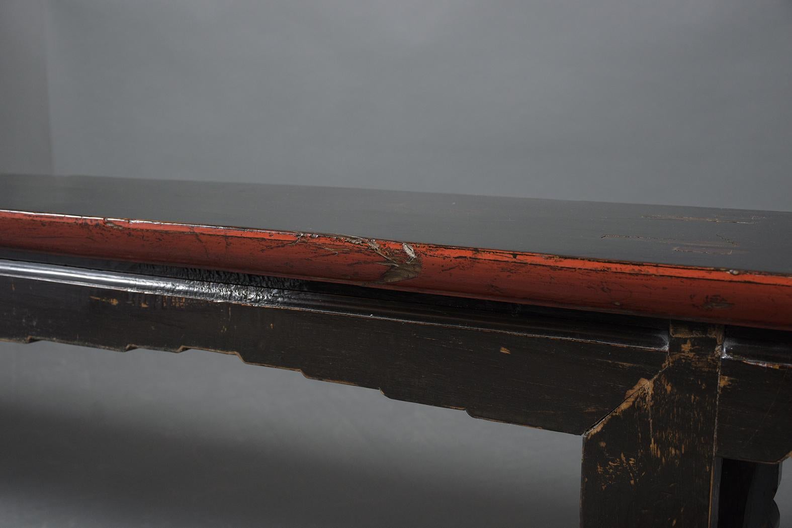 Vintage Chinese Ebonized-Red Carved Teak Wood Bench 6