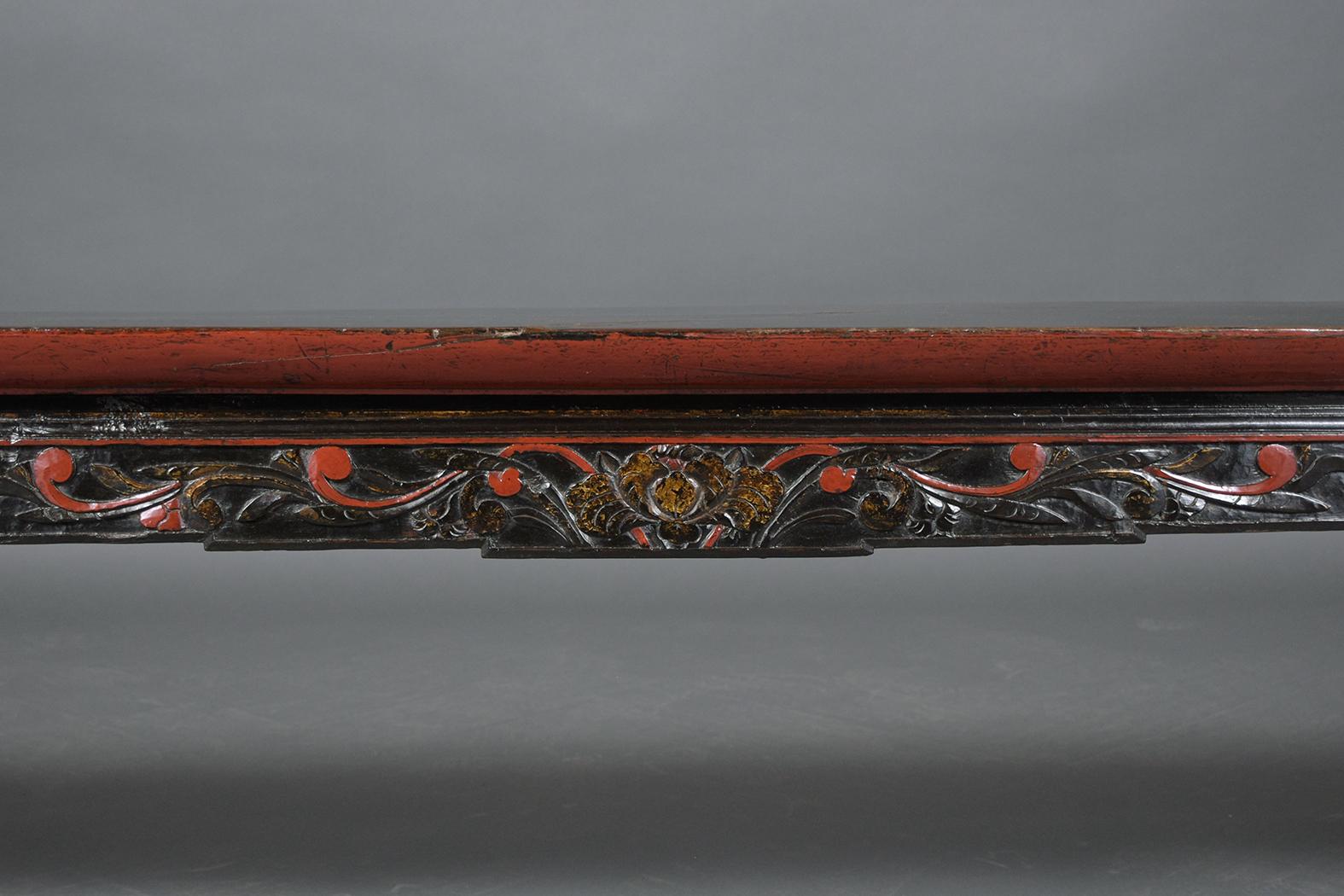Chinese Export Vintage Chinese Ebonized-Red Carved Teak Wood Bench