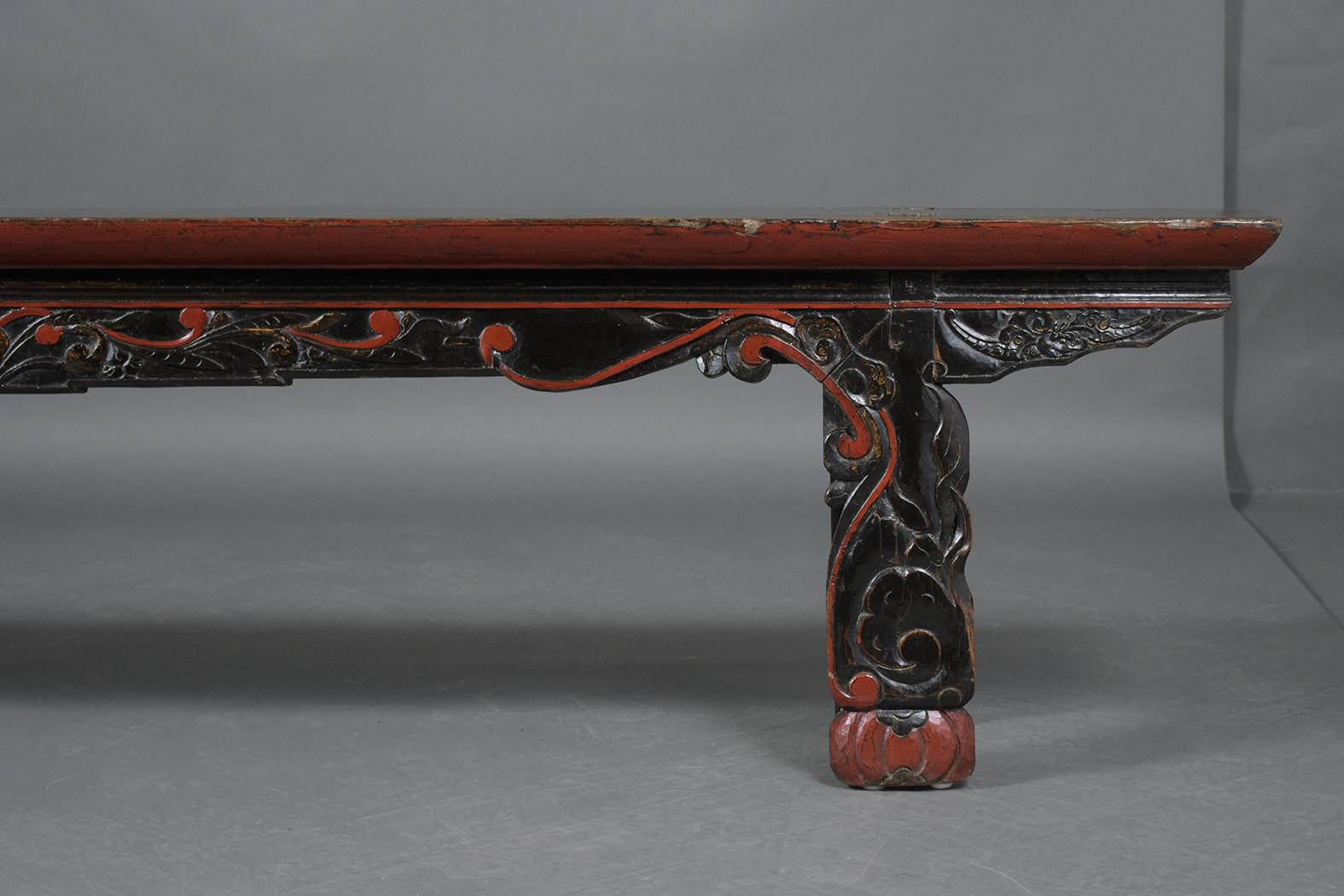 Lacquered Vintage Chinese Ebonized-Red Carved Teak Wood Bench
