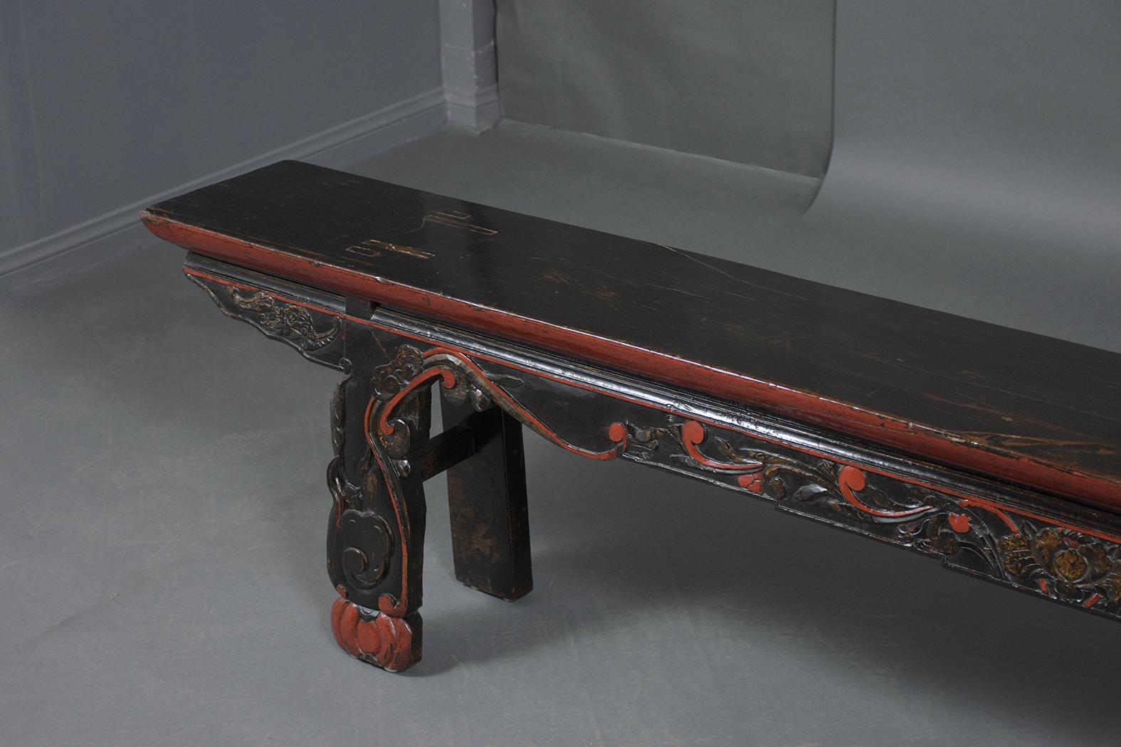Vintage Chinese Ebonized-Red Carved Teak Wood Bench In Good Condition In Los Angeles, CA
