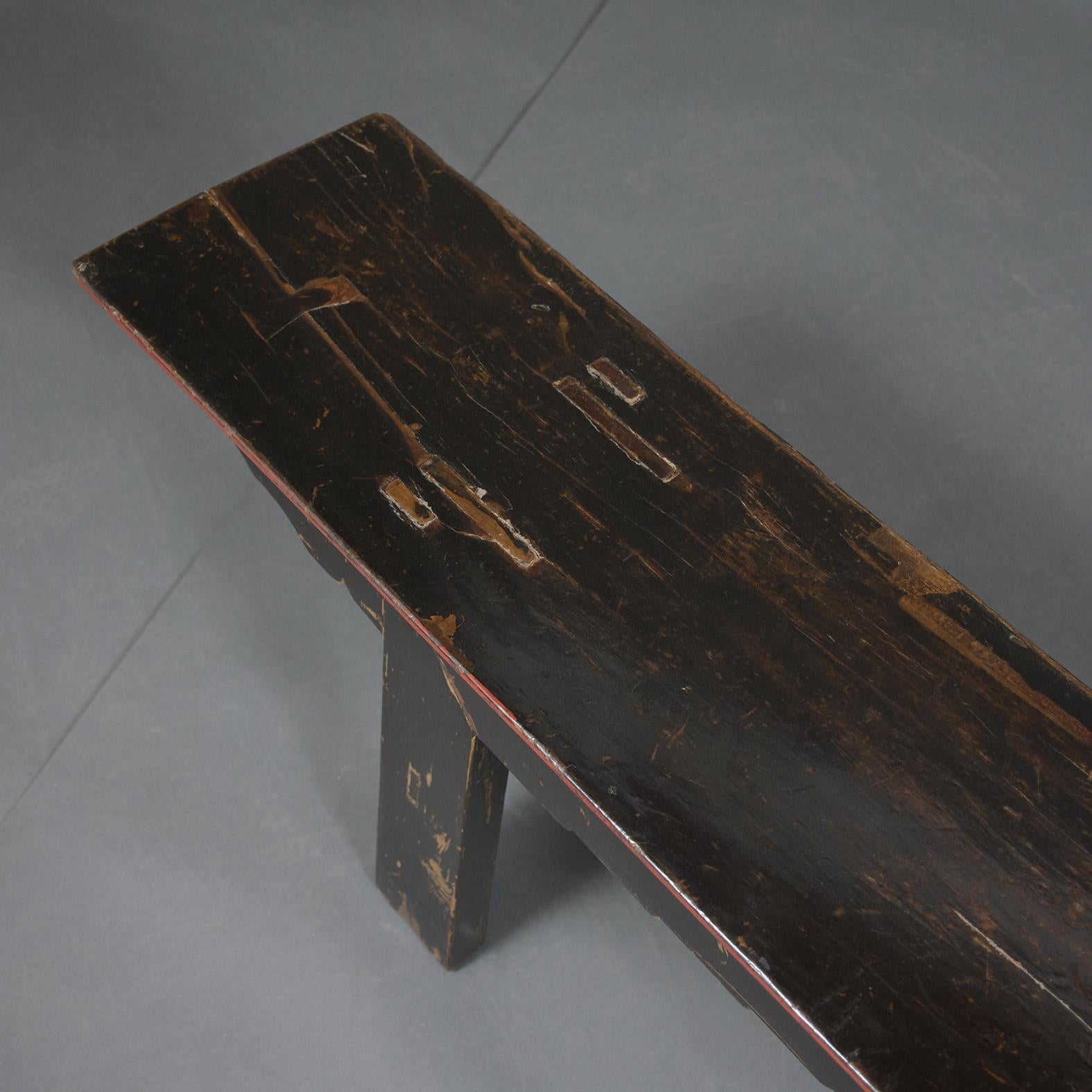 Late 20th Century Vintage Chinese Ebonized-Red Carved Teak Wood Bench