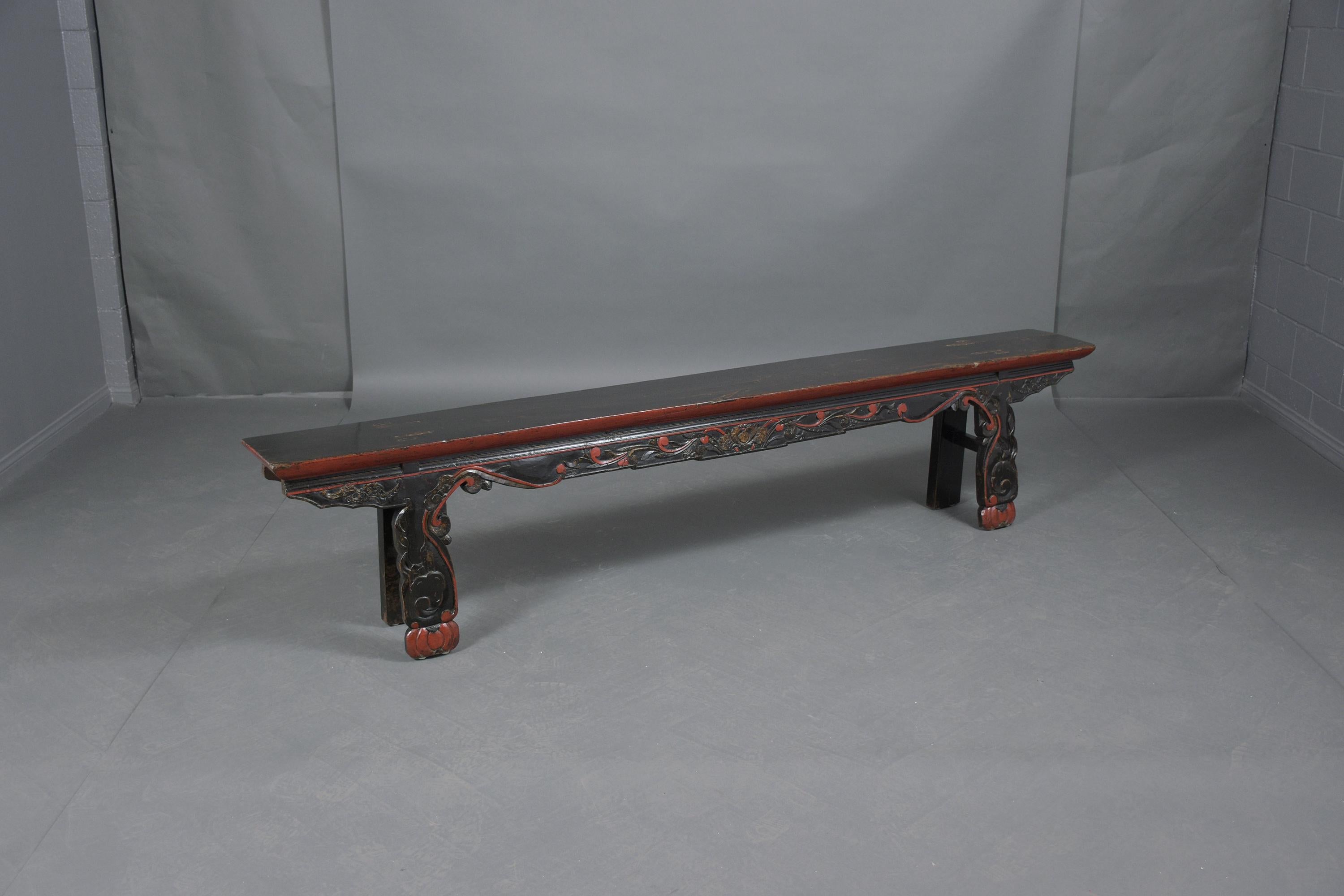 Paint Vintage Chinese Ebonized-Red Carved Teak Wood Bench