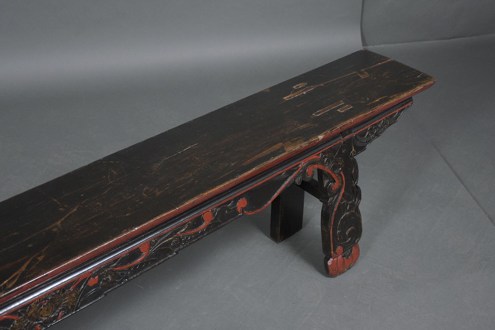Vintage Chinese Ebonized-Red Carved Teak Wood Bench 1
