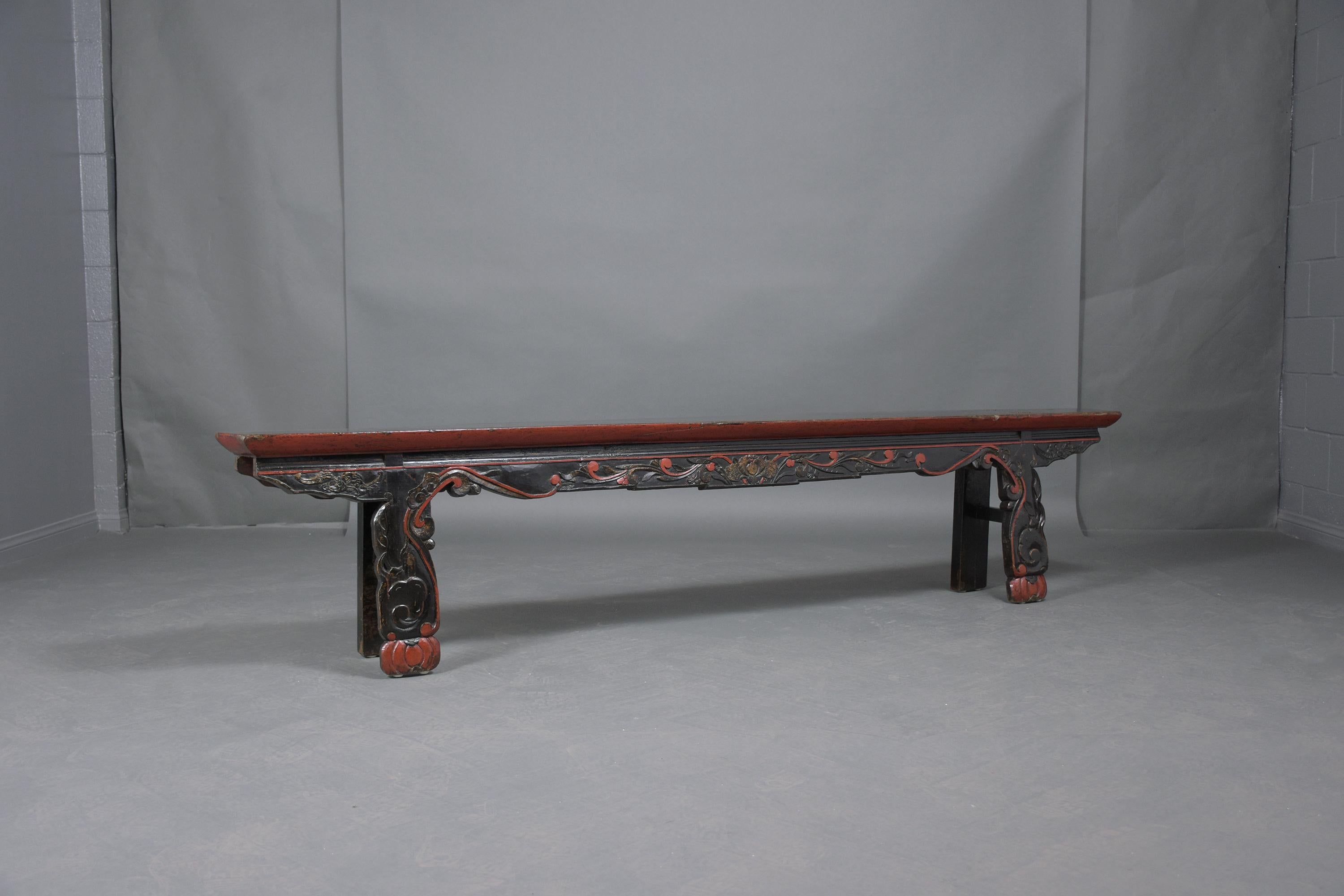 Vintage Chinese Ebonized-Red Carved Teak Wood Bench 2
