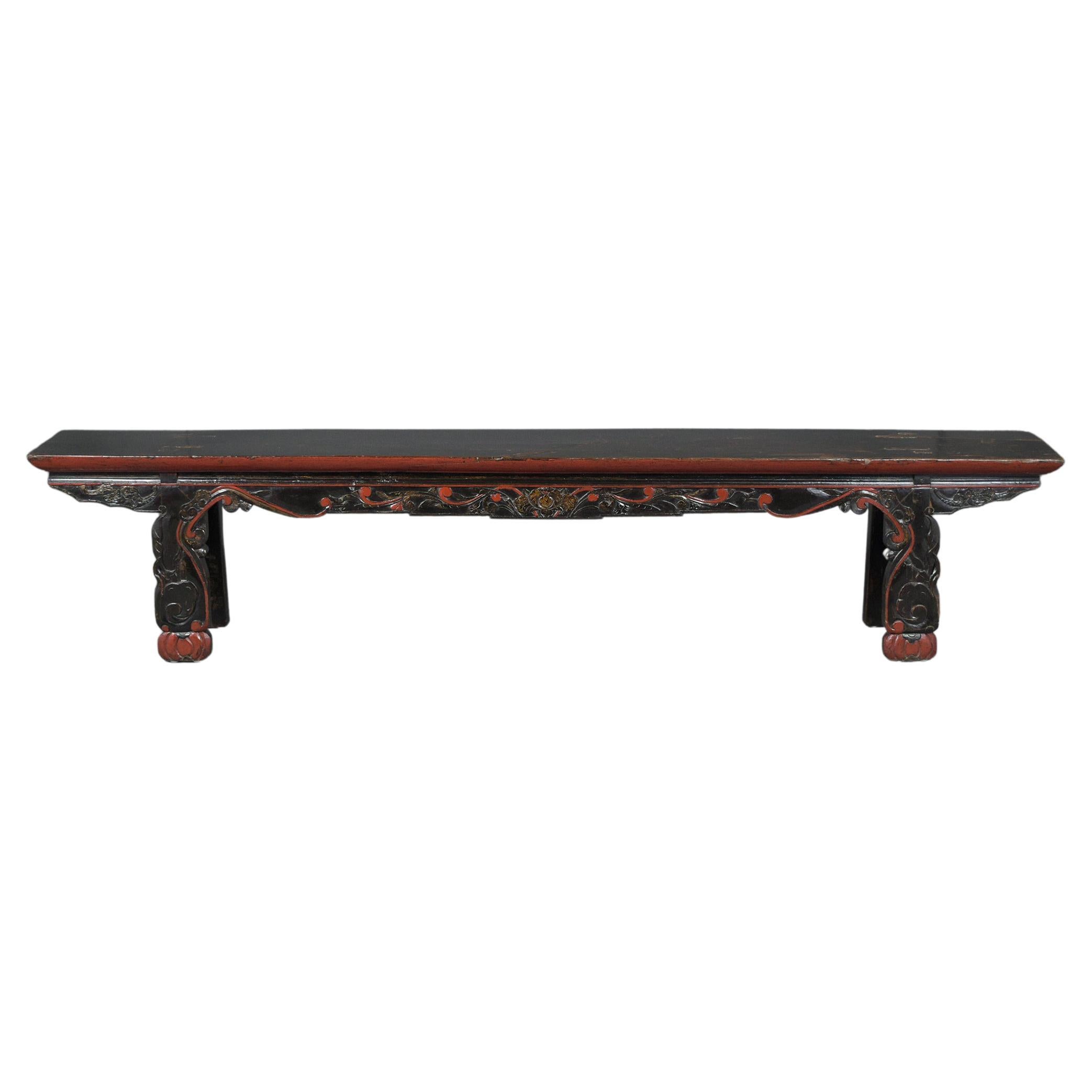 Vintage Chinese Ebonized-Red Carved Teak Wood Bench