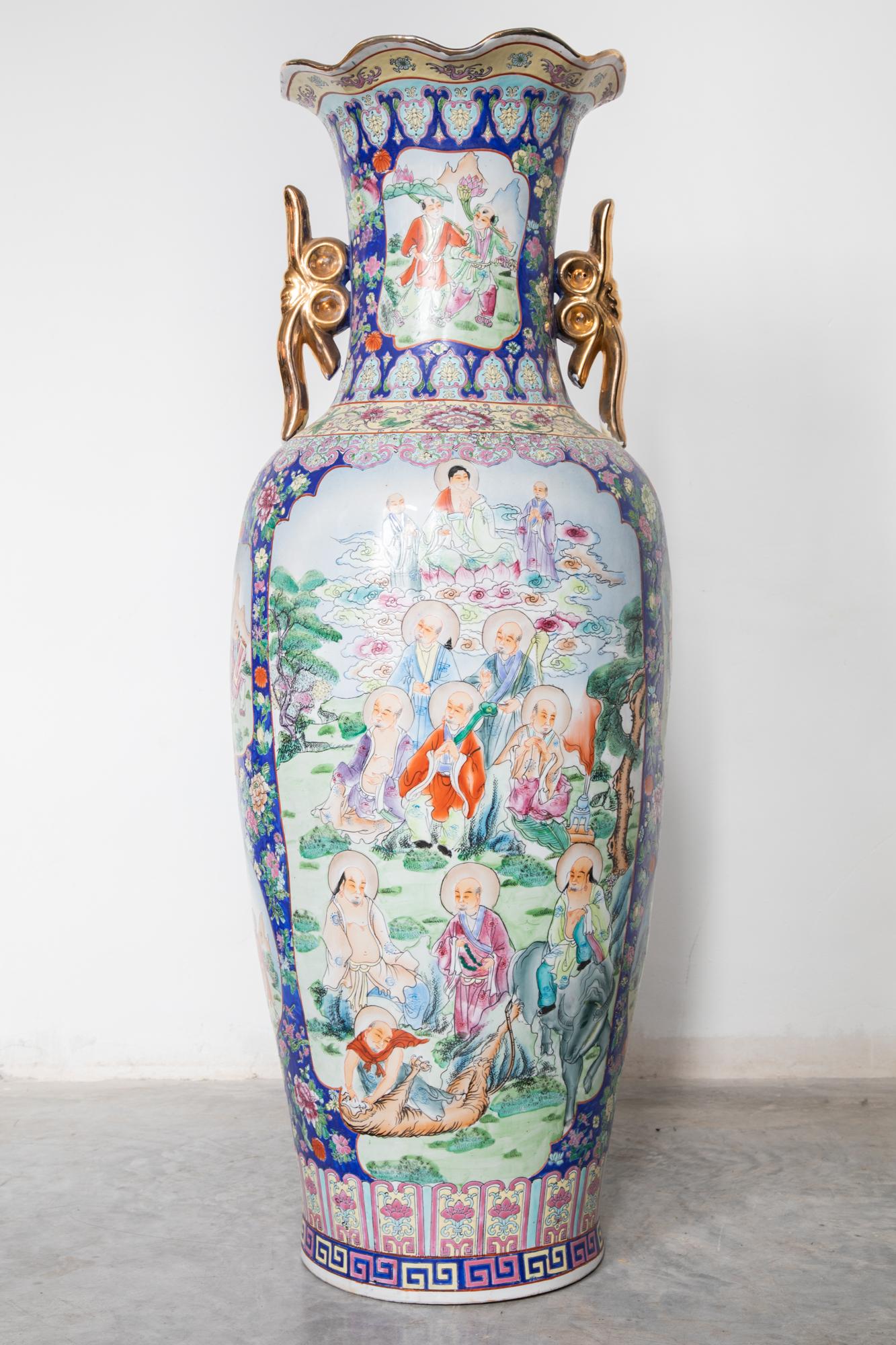 Chinese Export Polychrome Chinese Hunting Scene Large Porcelain Vase Rose Family, 1960s For Sale