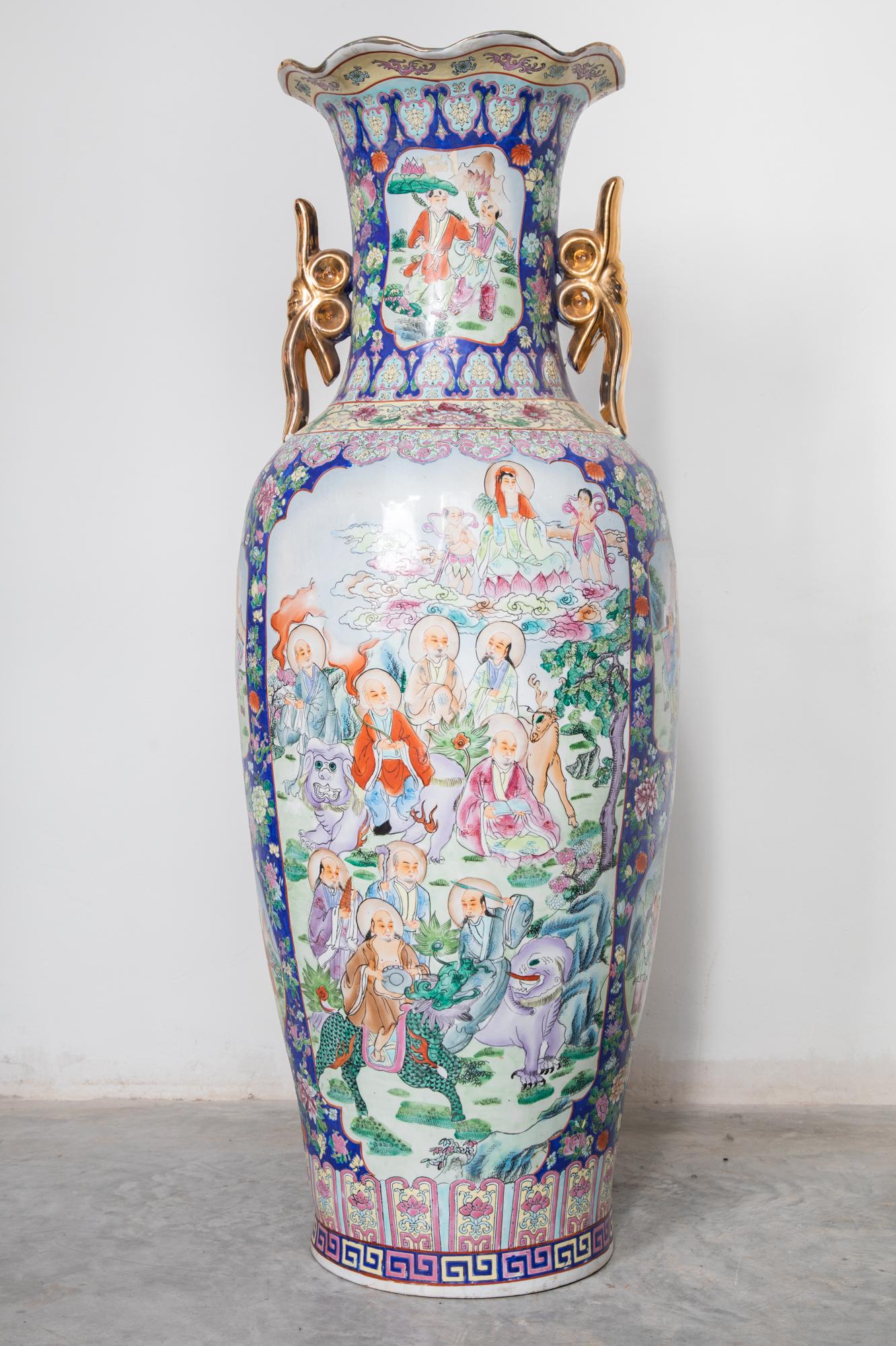 Gilt Polychrome Chinese Hunting Scene Large Porcelain Vase Rose Family, 1960s For Sale