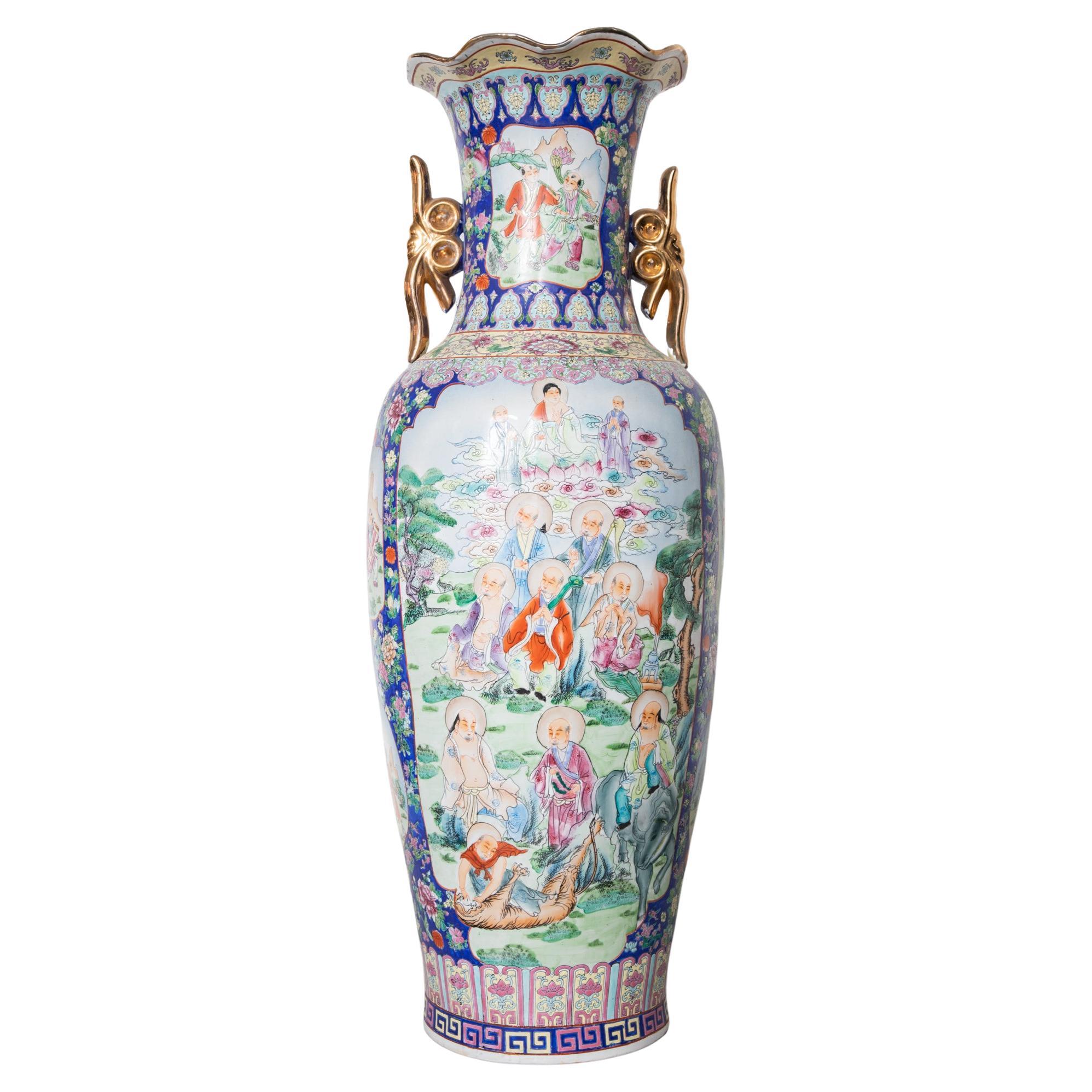 Polychrome Chinese Hunting Scene Large Porcelain Vase Rose Family, 1960s