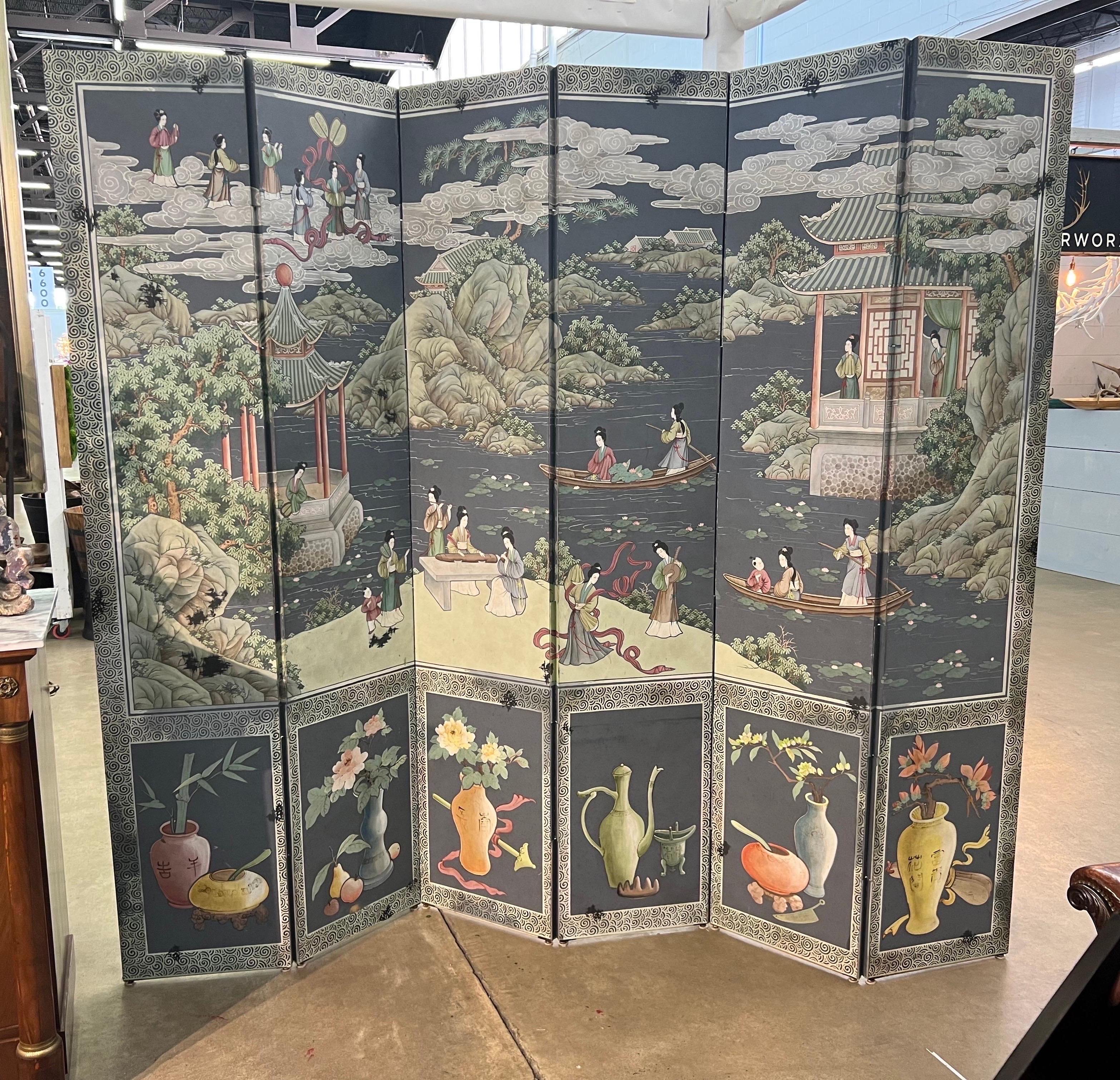 Great contemporary chinoiserie decorated 6 panel screen.