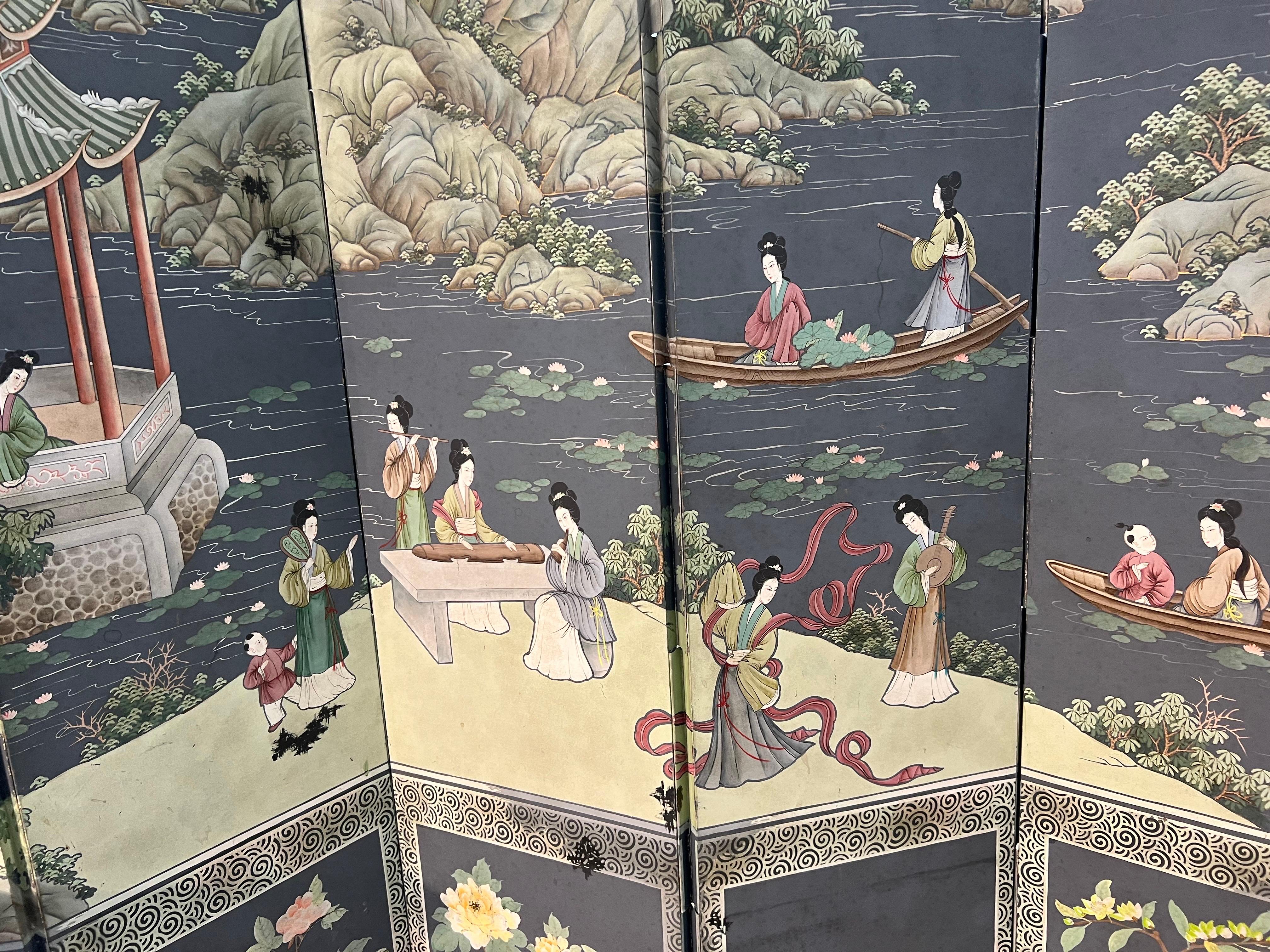 Polychrome Chinoiserie 6 Panel Screen In Good Condition For Sale In Charleston, SC