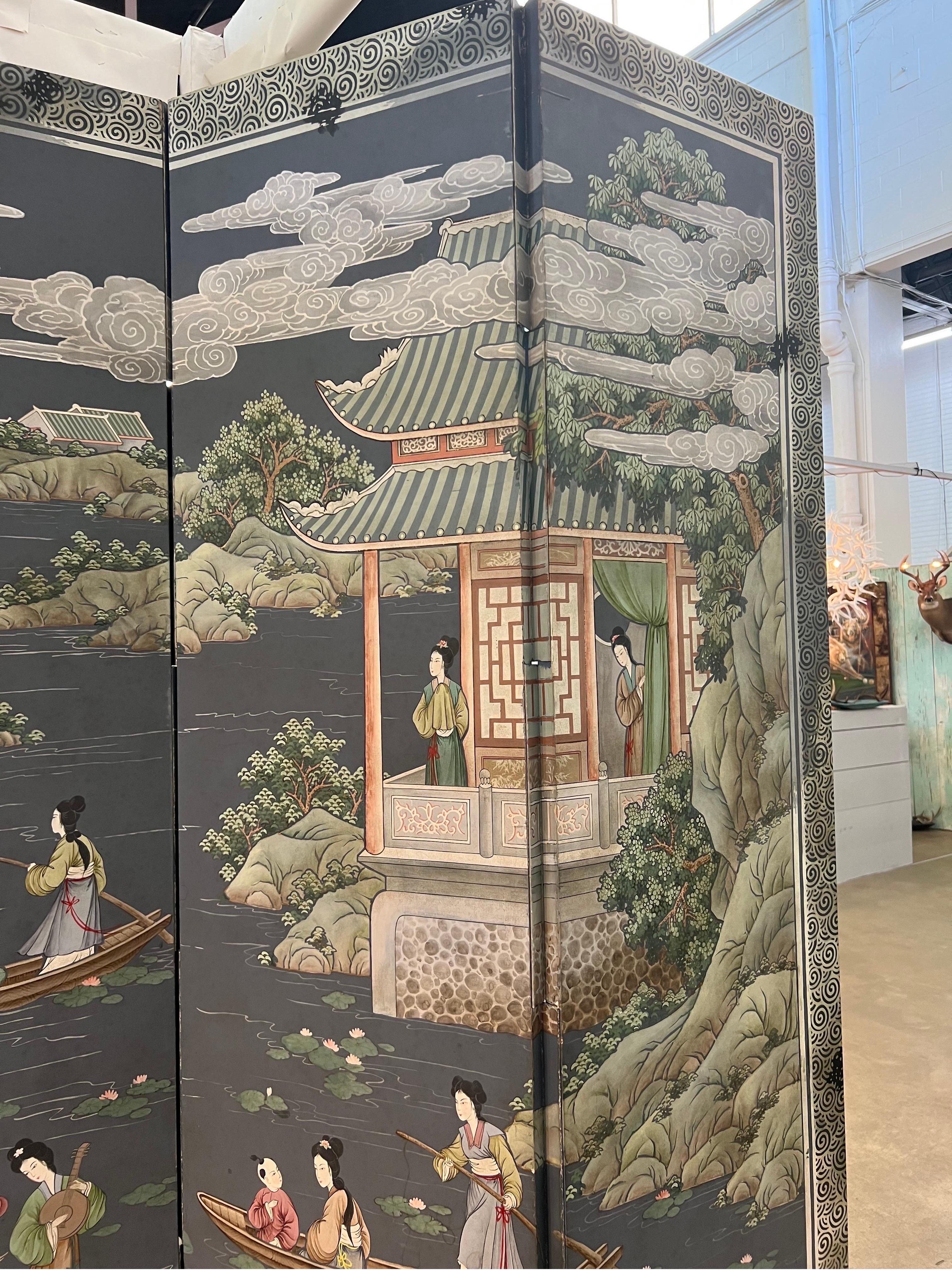 20th Century Polychrome Chinoiserie 6 Panel Screen For Sale