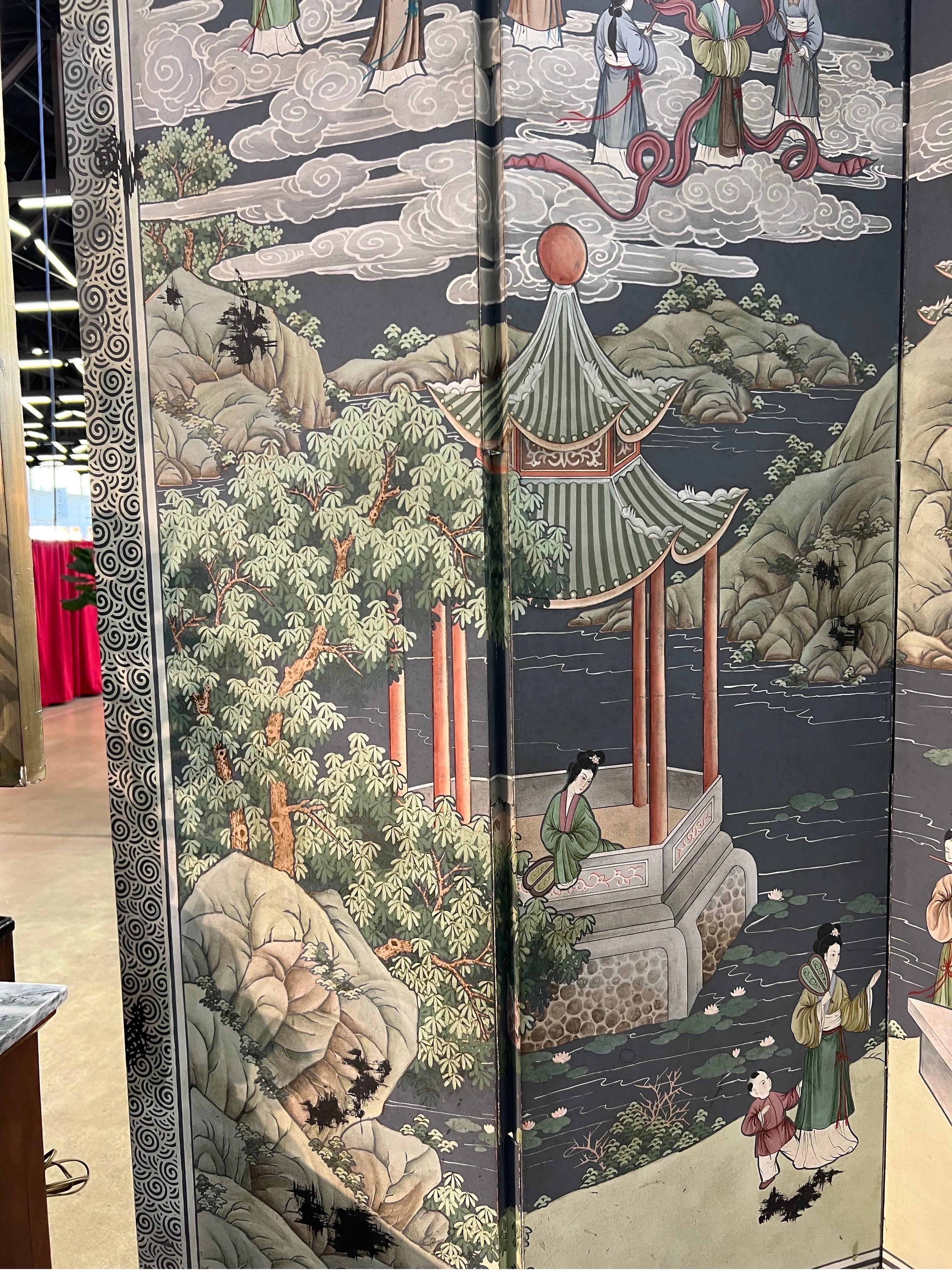 Wood Polychrome Chinoiserie 6 Panel Screen For Sale