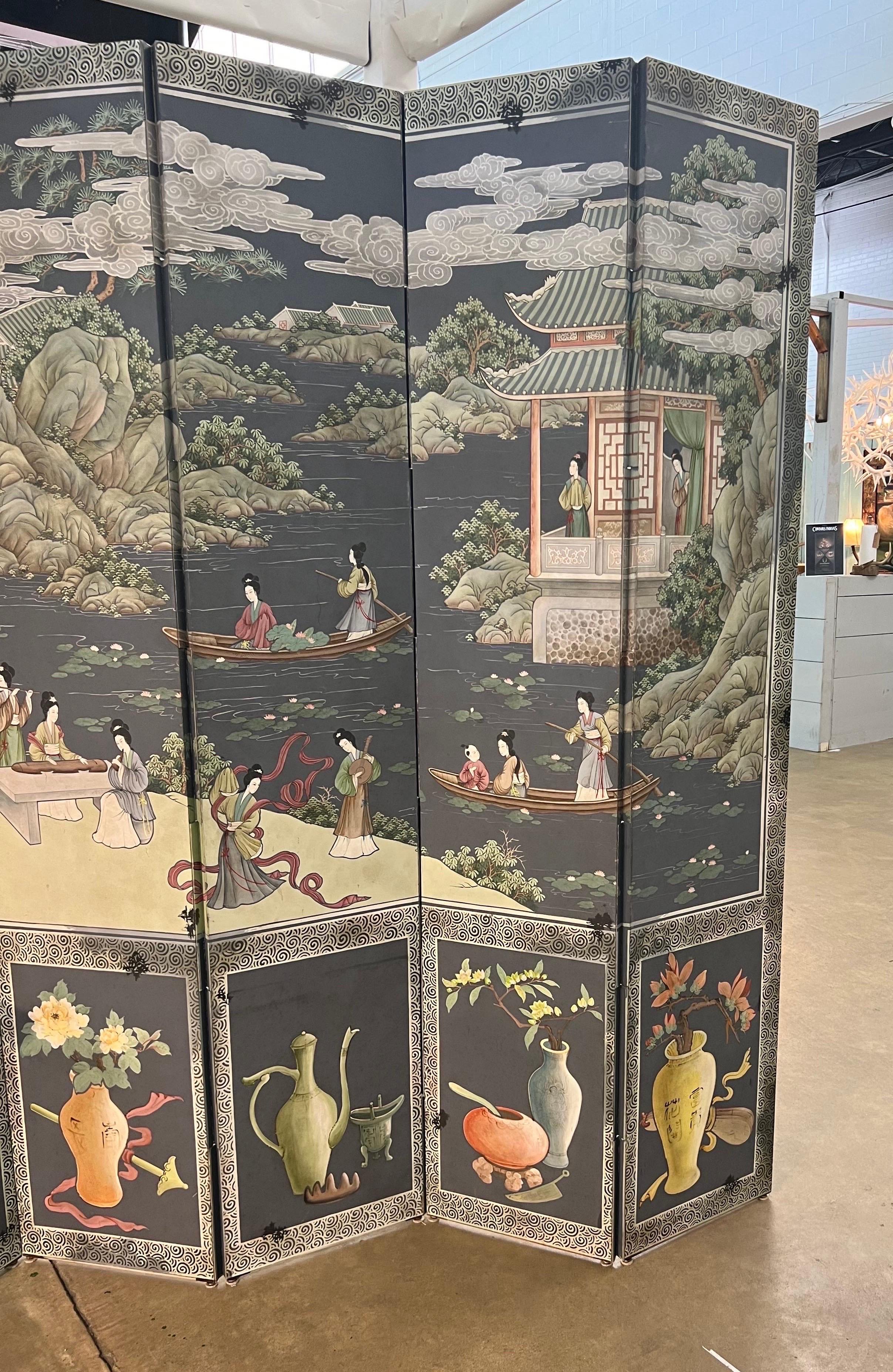 Polychrome Chinoiserie 6 Panel Screen For Sale 1