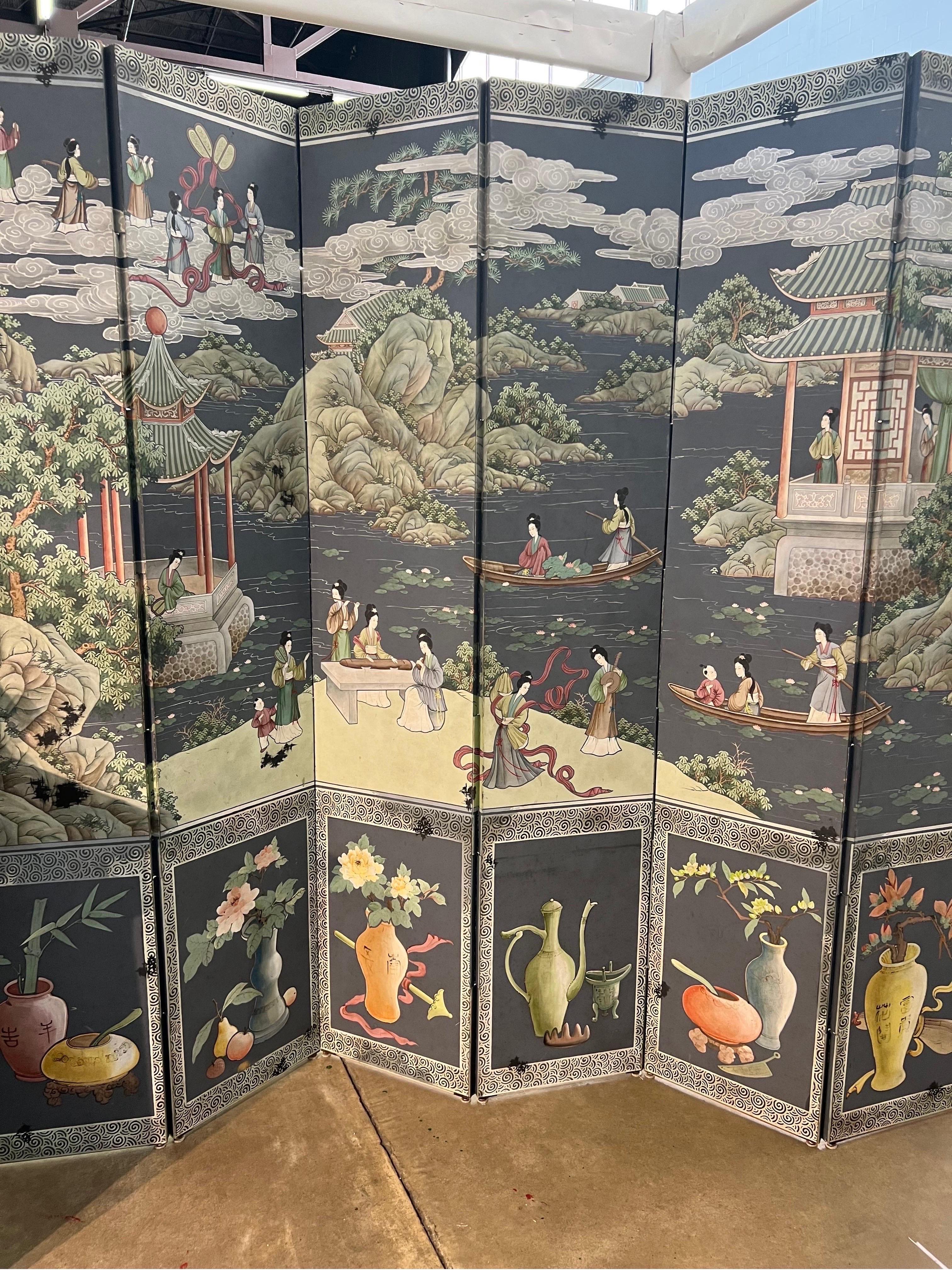 Polychrome Chinoiserie 6 Panel Screen For Sale 2