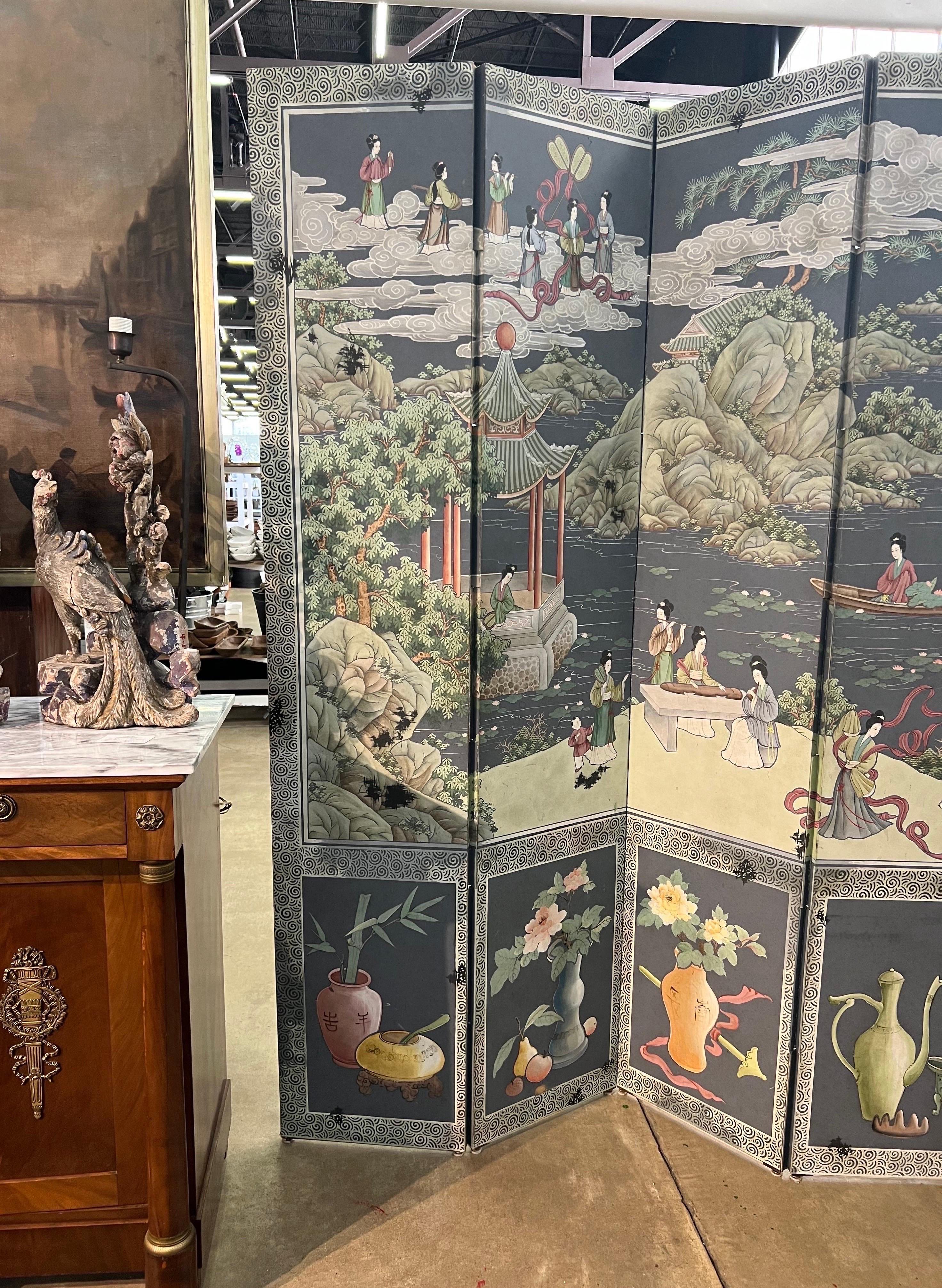 Polychrome Chinoiserie 6 Panel Screen For Sale 3