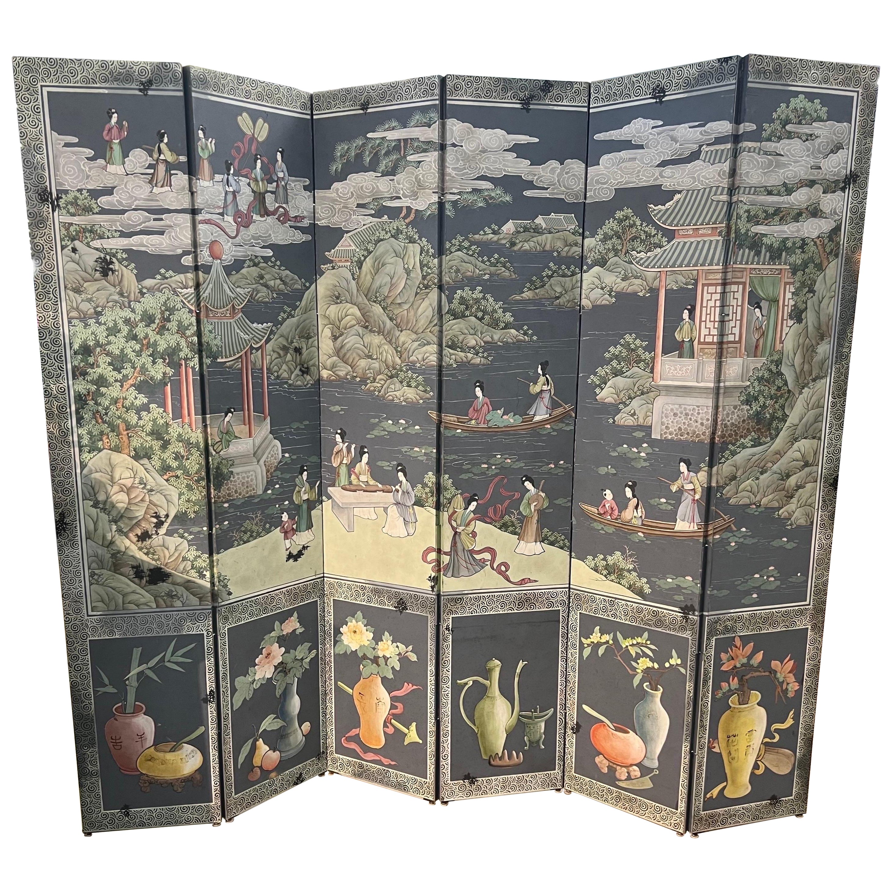Polychromer Chinoiserie-Raumteiler mit 6 Tafeln