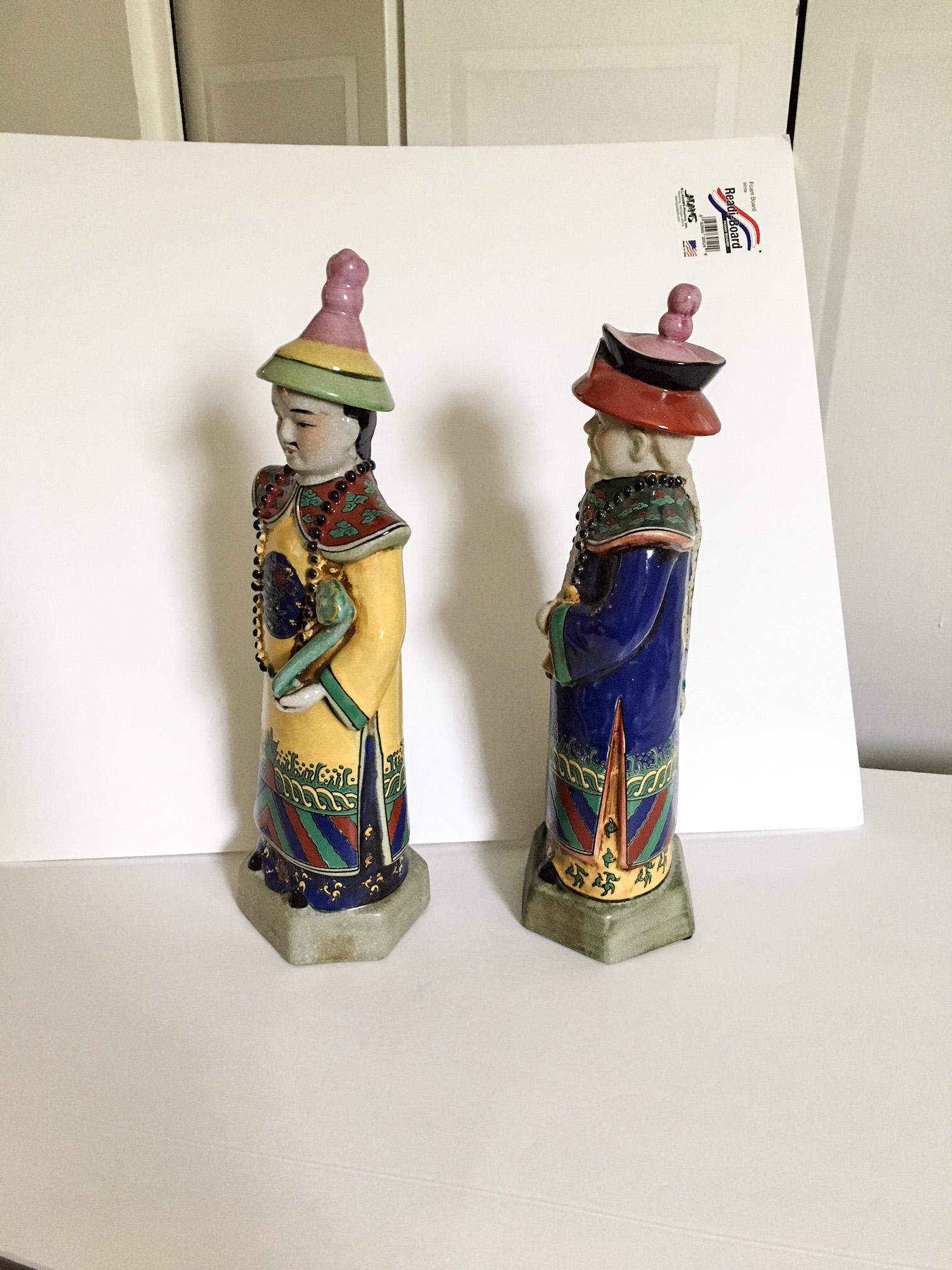 Hand-Painted Polychrome Chinoiserie Emperor Statues, Pair