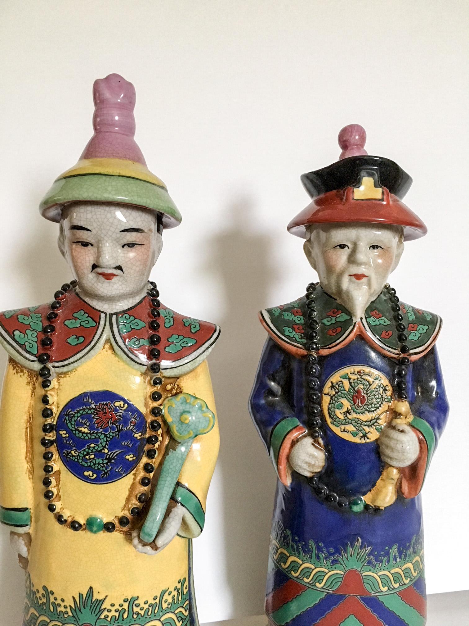 Polychrome Chinoiserie Emperor Statues, Pair In Excellent Condition In Richmond, VA