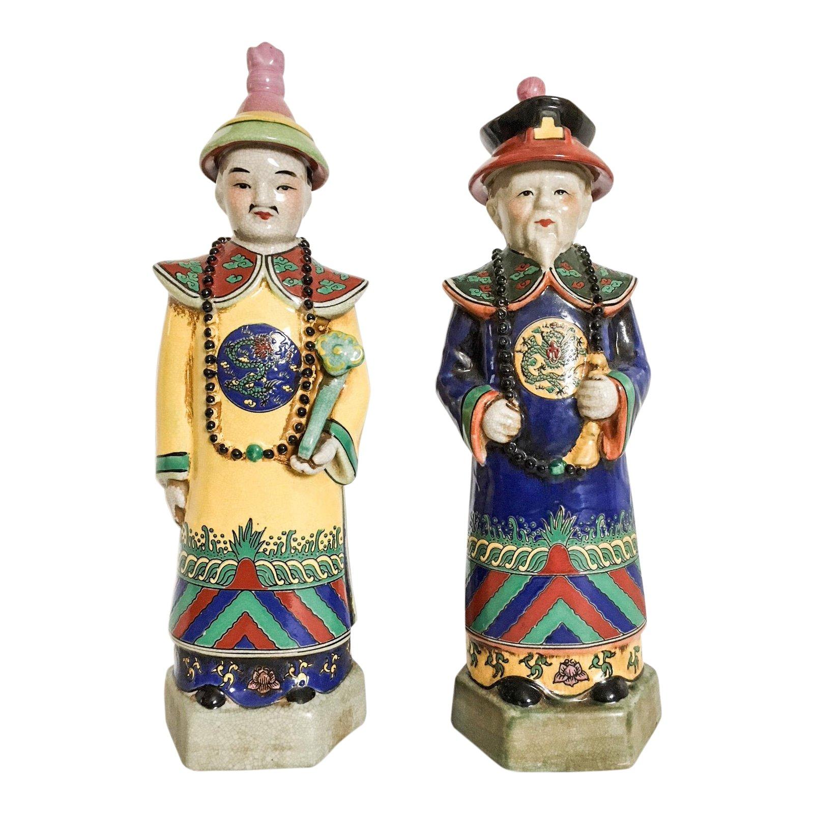 Polychrome Chinoiserie Emperor Statues, Pair