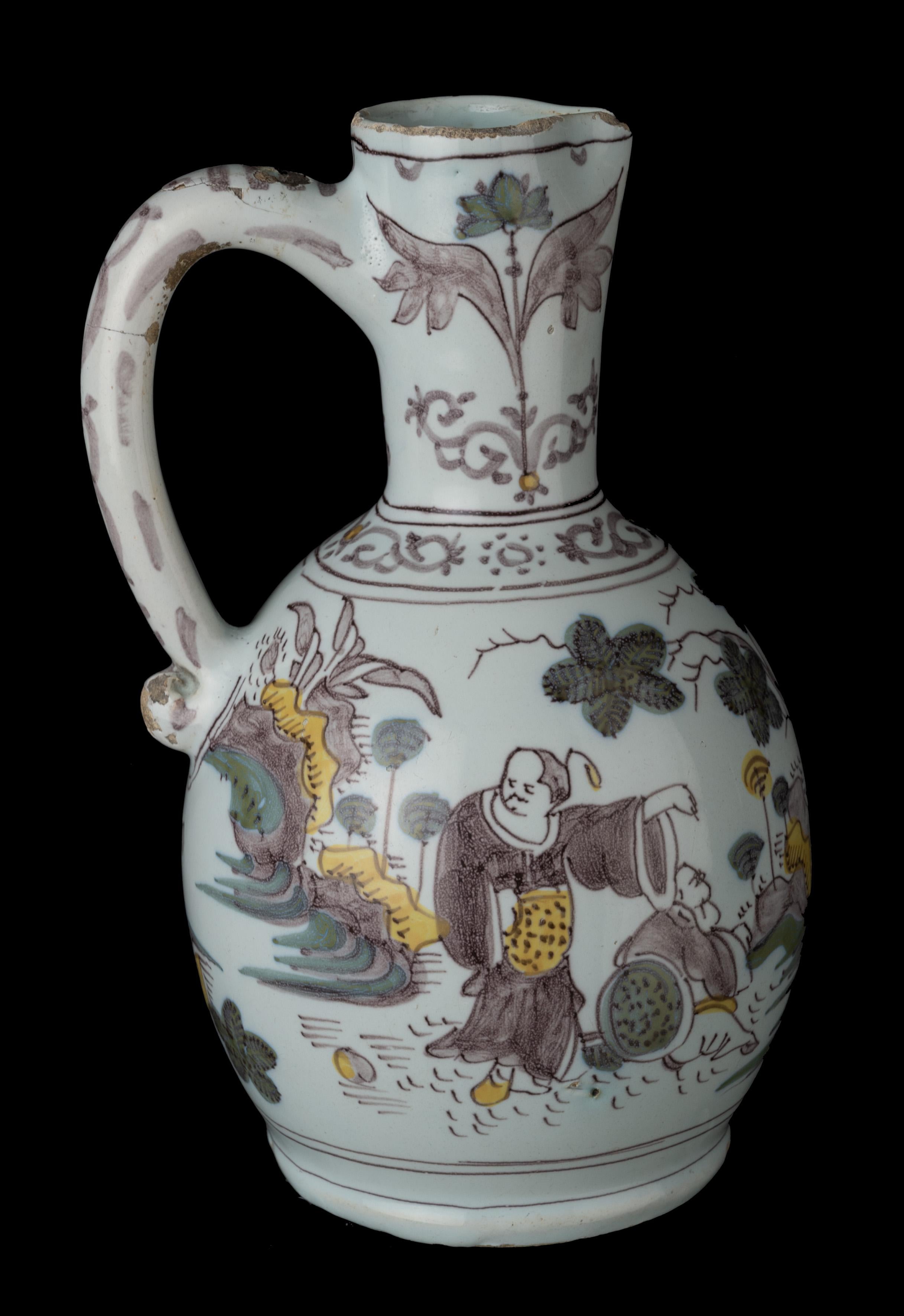 Glazed Polychrome Chinoiserie Wine Jug, Delft, circa 1680 For Sale