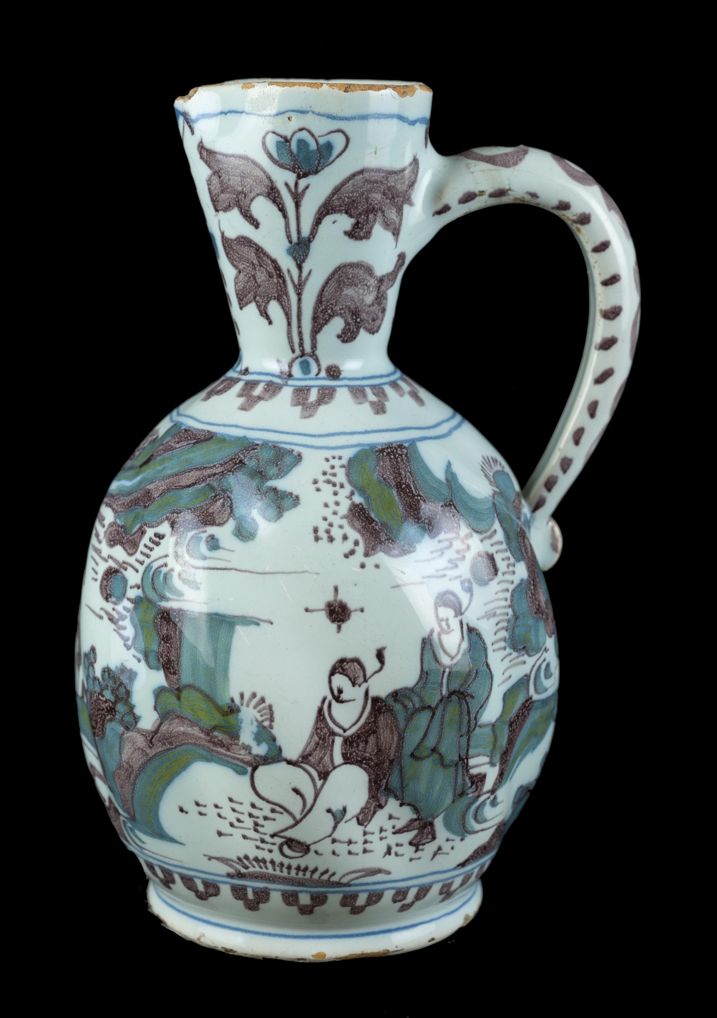 Baroque Polychrome Chinoiserie Wine Jug with Turned Body, Delft, circa 1680 For Sale