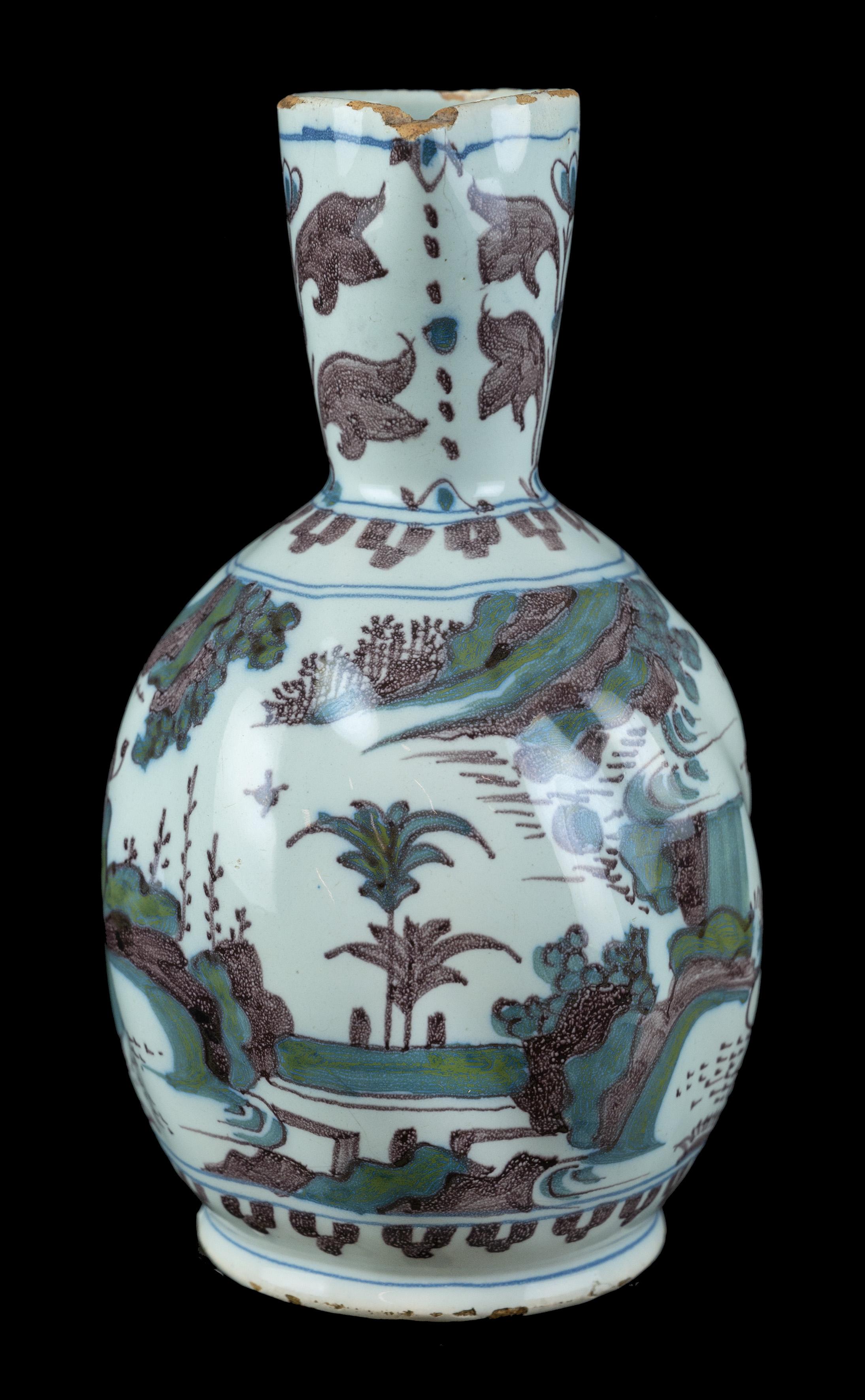 Dutch Polychrome Chinoiserie Wine Jug with Turned Body, Delft, circa 1680 For Sale