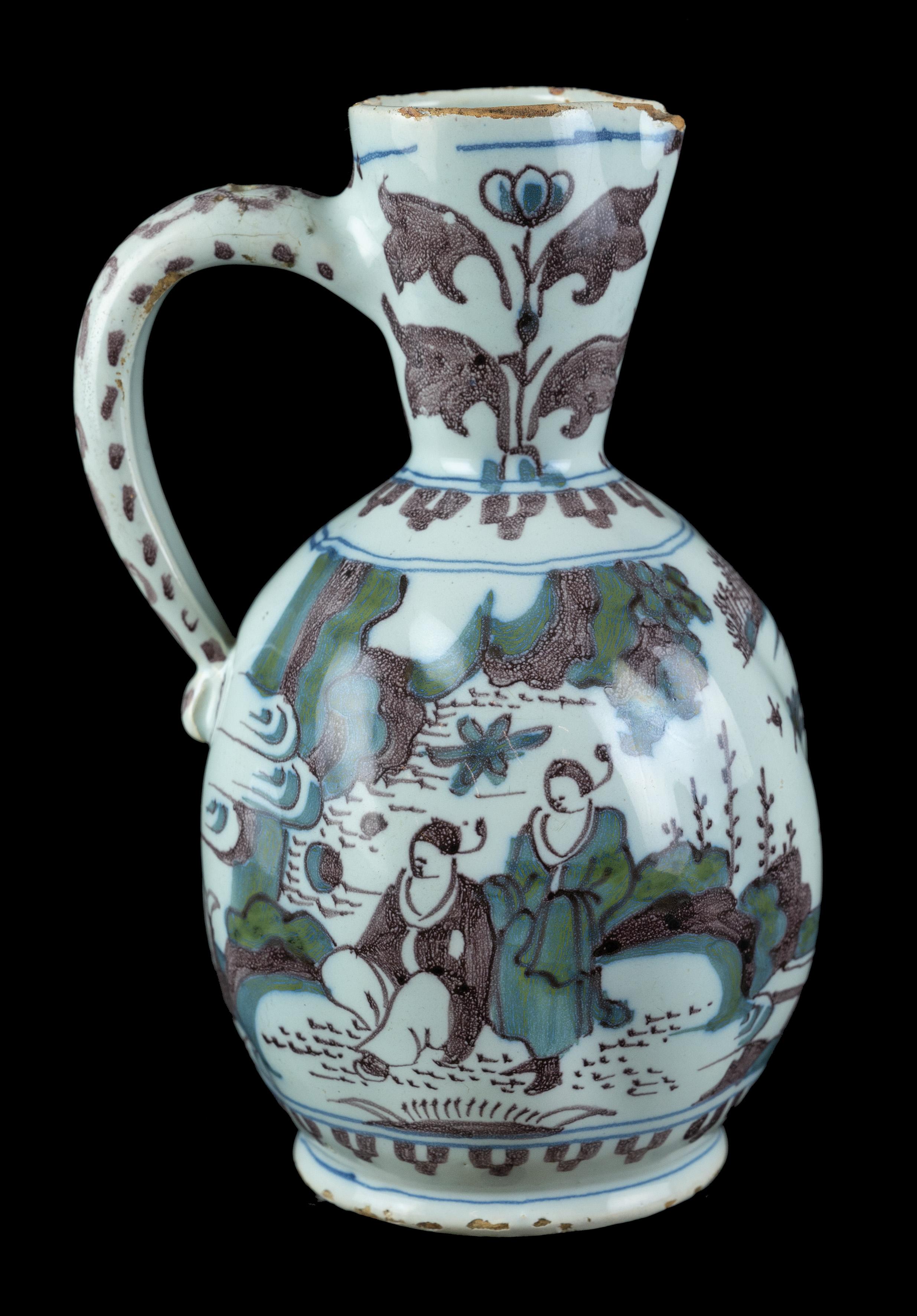 Glazed Polychrome Chinoiserie Wine Jug with Turned Body, Delft, circa 1680 For Sale