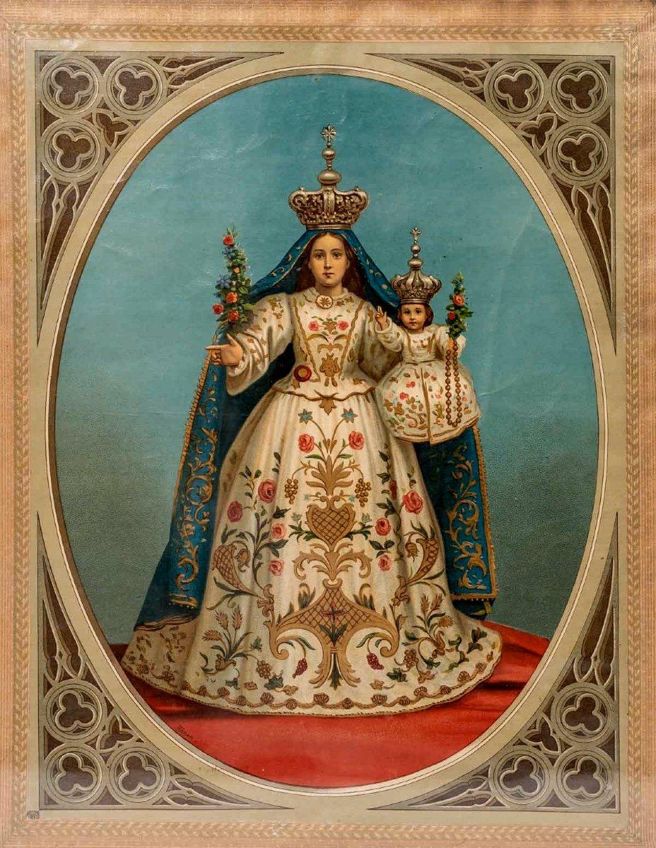 Polychrome Chromolithography - Virgin Of The Rosary - Period: Early 20th Century In Excellent Condition For Sale In CRÉTEIL, FR
