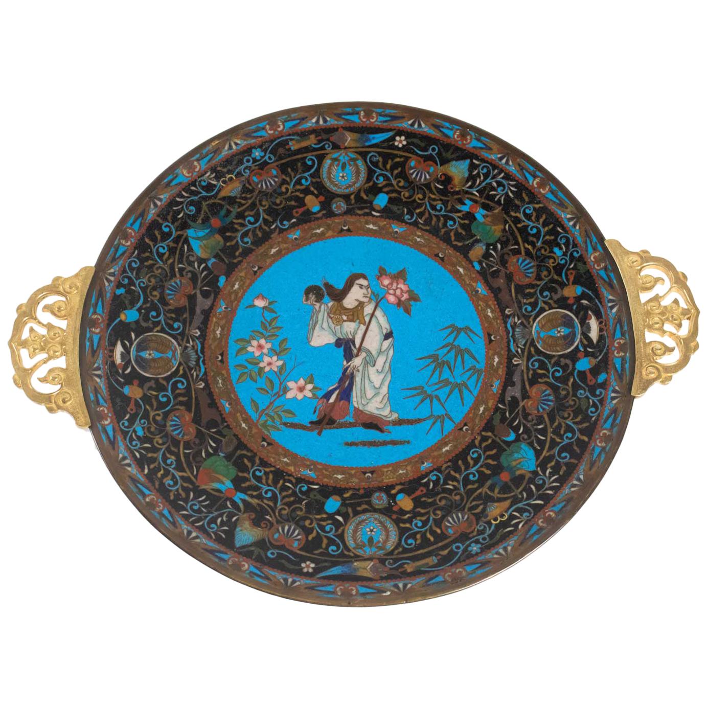 Polychrome Cloisonné Enameled Dish with Character Decor and Entrelcss Fleuris