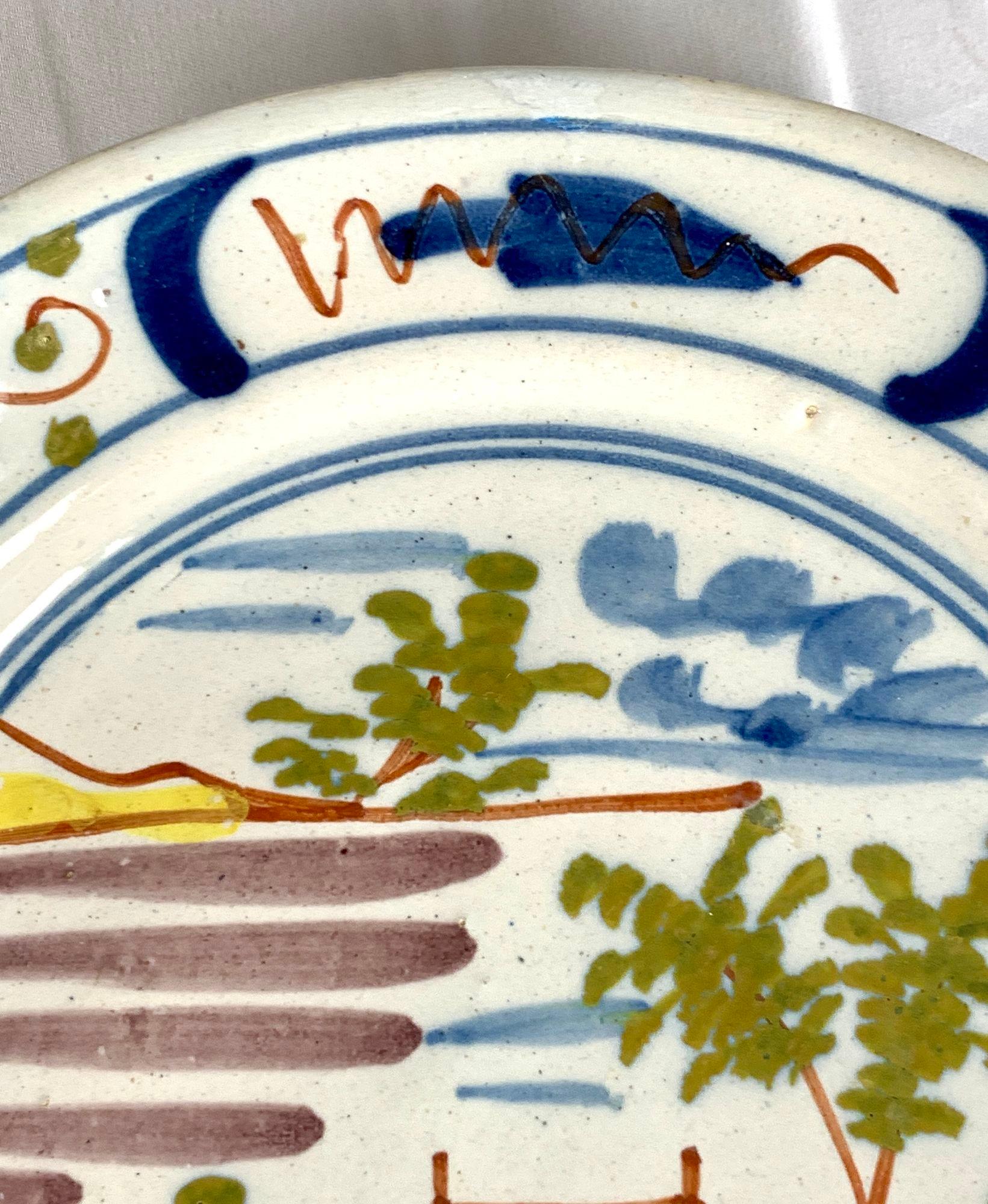 Polychrome Dutch Delft Dish Hand Painted with Country Scene Circa 1780 In Excellent Condition For Sale In Katonah, NY