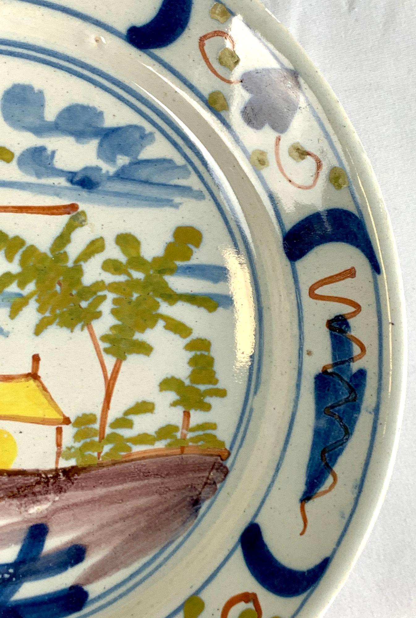 Late 18th Century Polychrome Dutch Delft Dish Hand Painted with Country Scene Circa 1780 For Sale