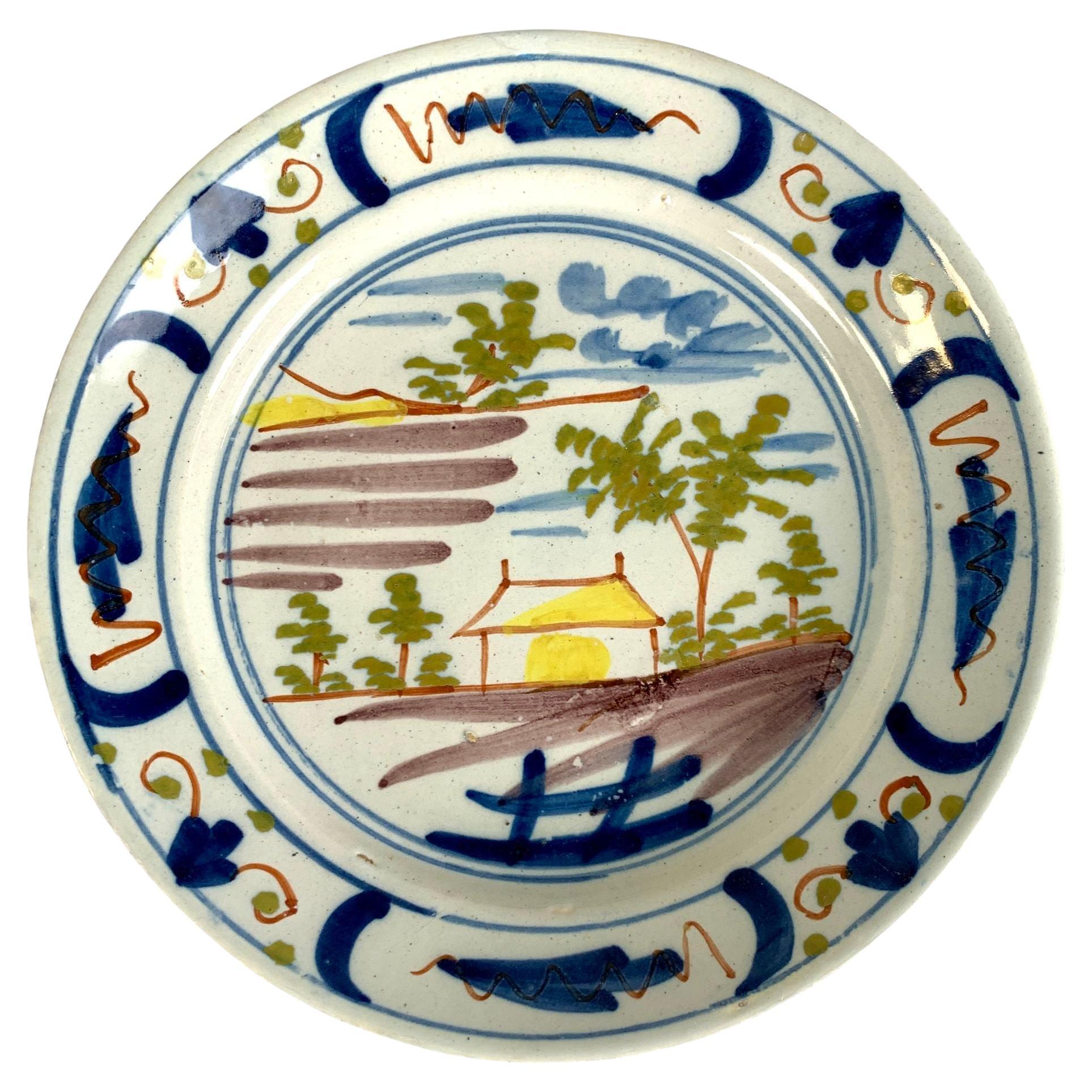 Plat Delft hollandais polychrome peint à la main d'une scène champêtre Circa 1780 en vente