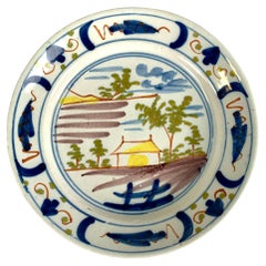 Used Polychrome Dutch Delft Dish Hand Painted with Country Scene Circa 1780
